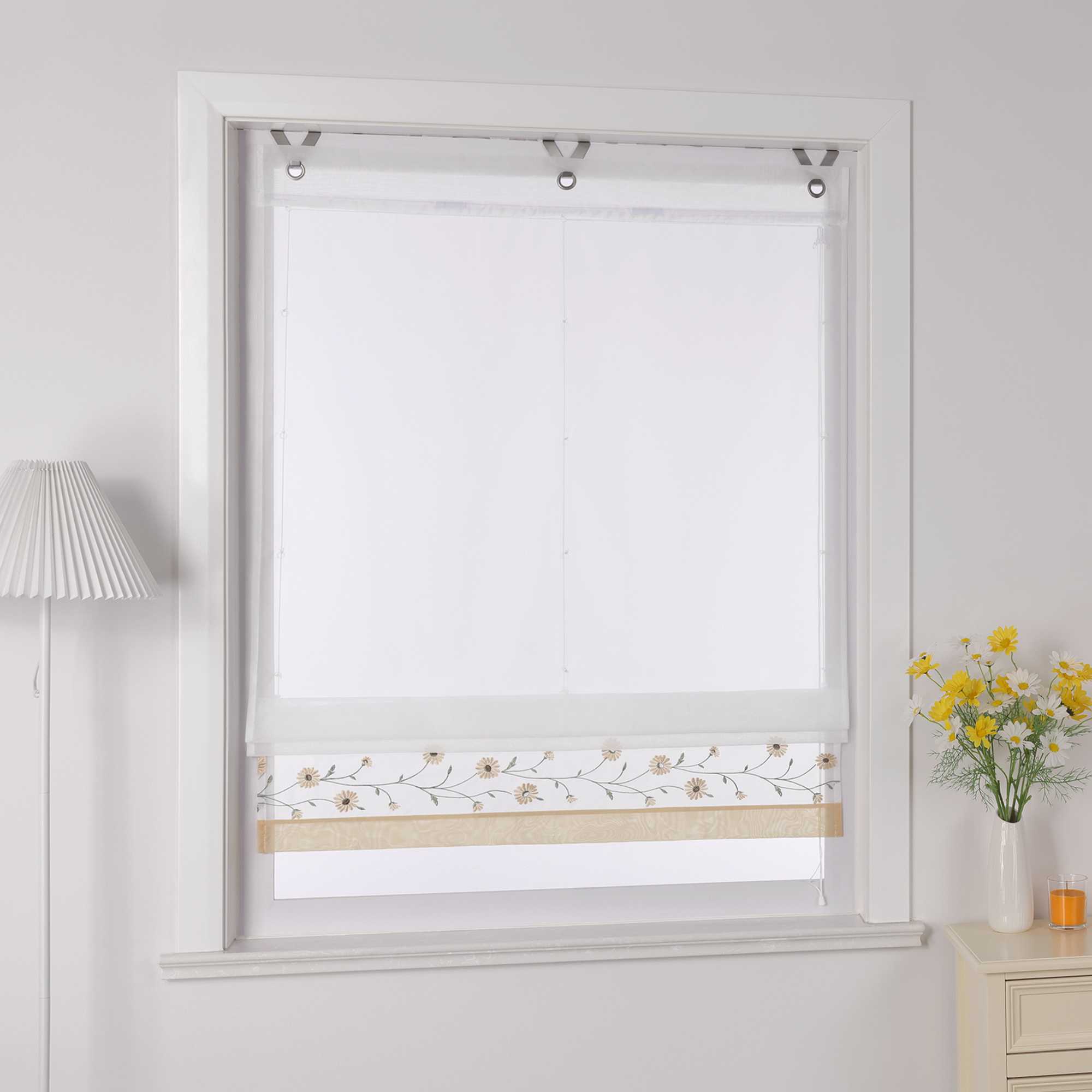 Roman Shade Voile with Tab-Top Hanging and Floral Pattern Embroidery 1 Piece