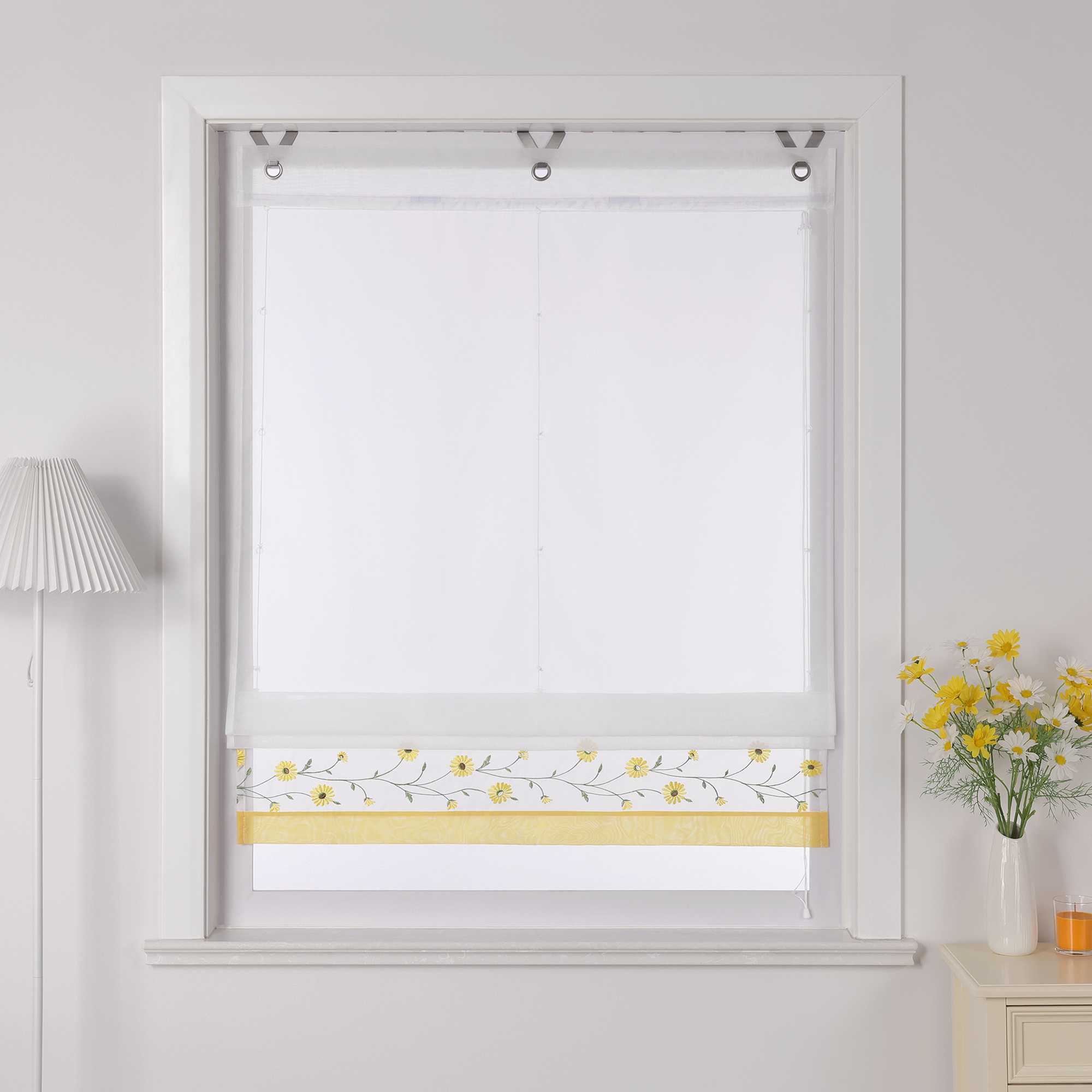 Roman Shade Voile with Tab-Top Hanging and Floral Pattern Embroidery 1 Piece - Yellow, W x H 60 x 150cm