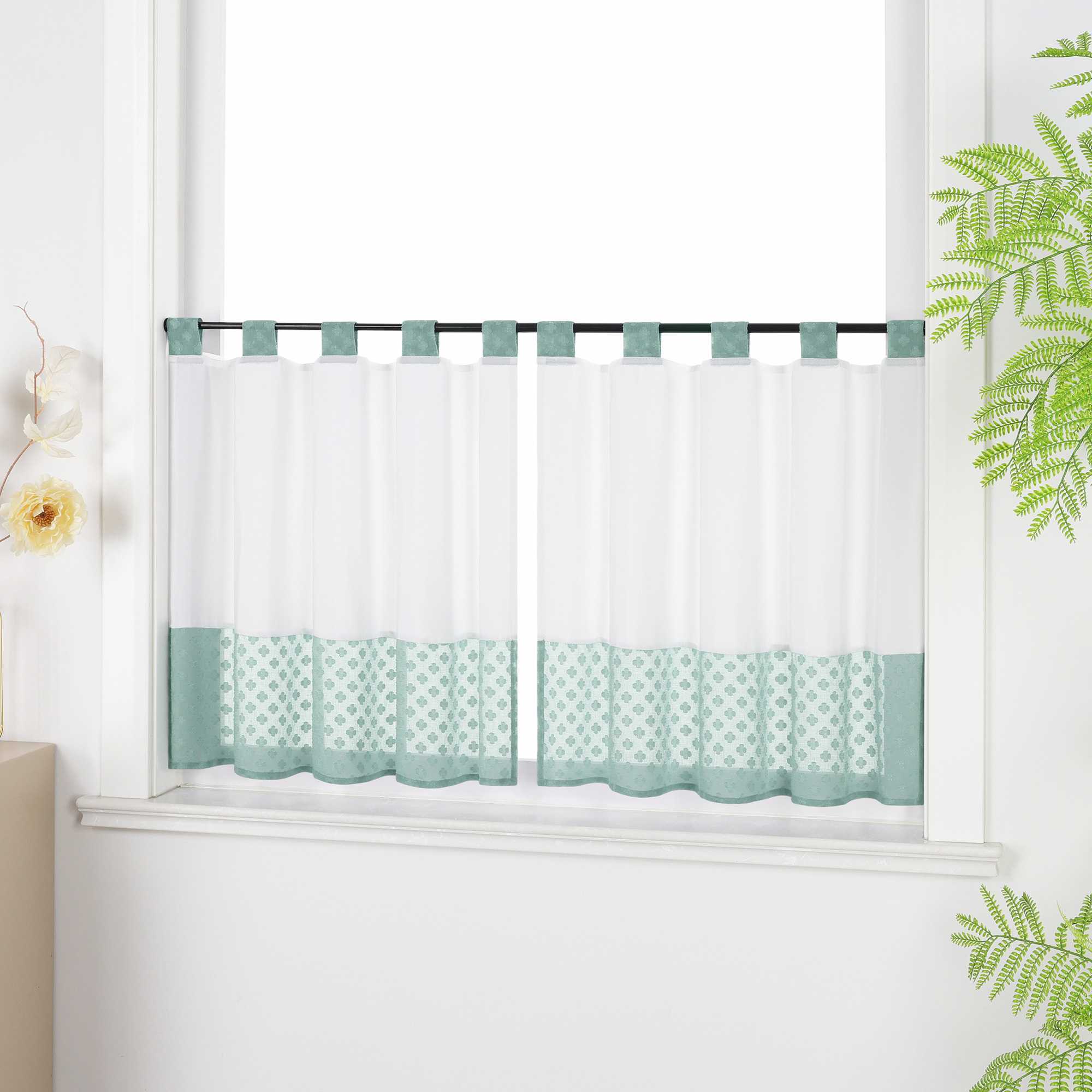 Cafe Curtain in Patchwork Style with Clover Pattern, 2 Pieces, with Tab-Top Design