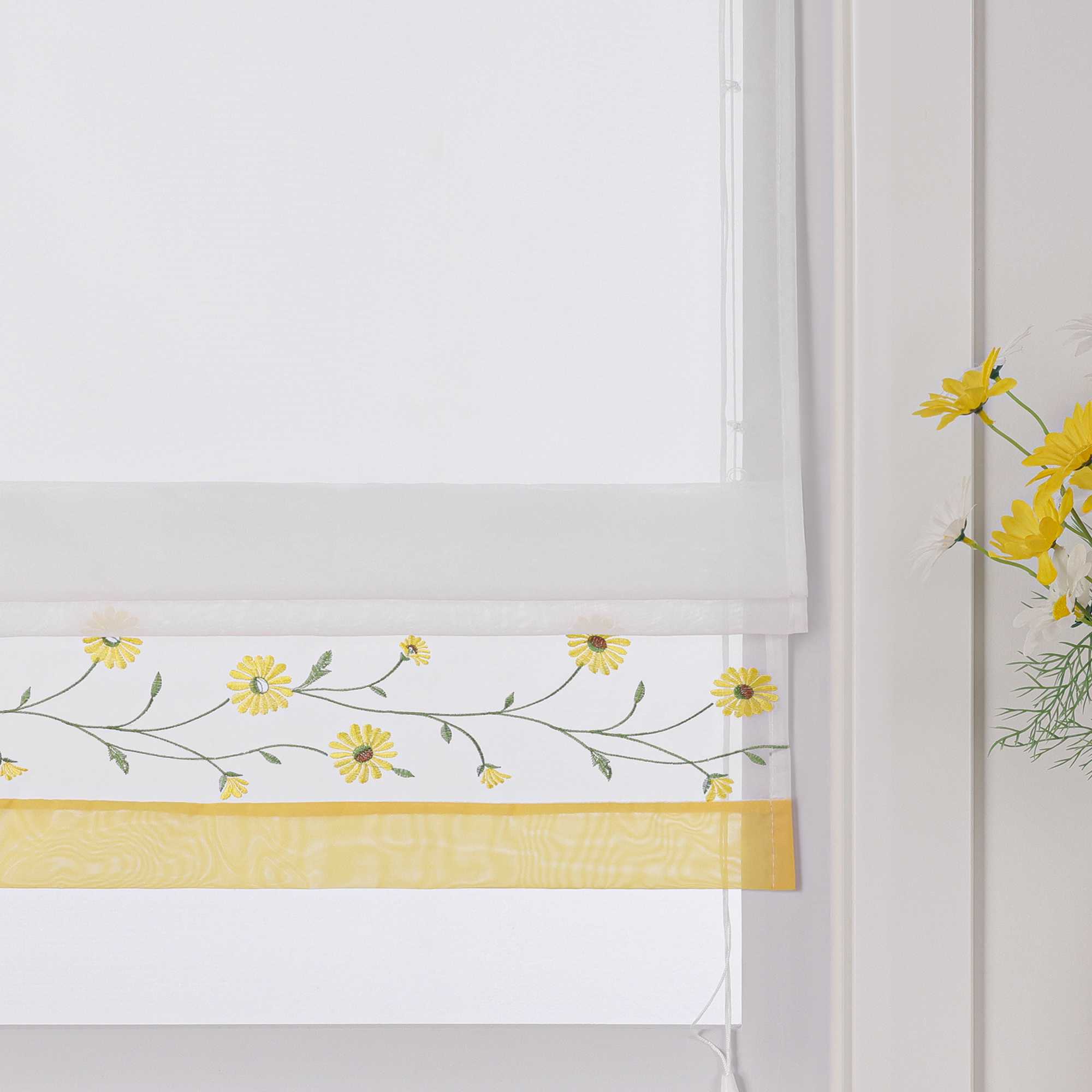 Roman Shade Voile with Tab-Top Hanging and Floral Pattern Embroidery 1 Piece - Yellow, W x H 100 x 150cm