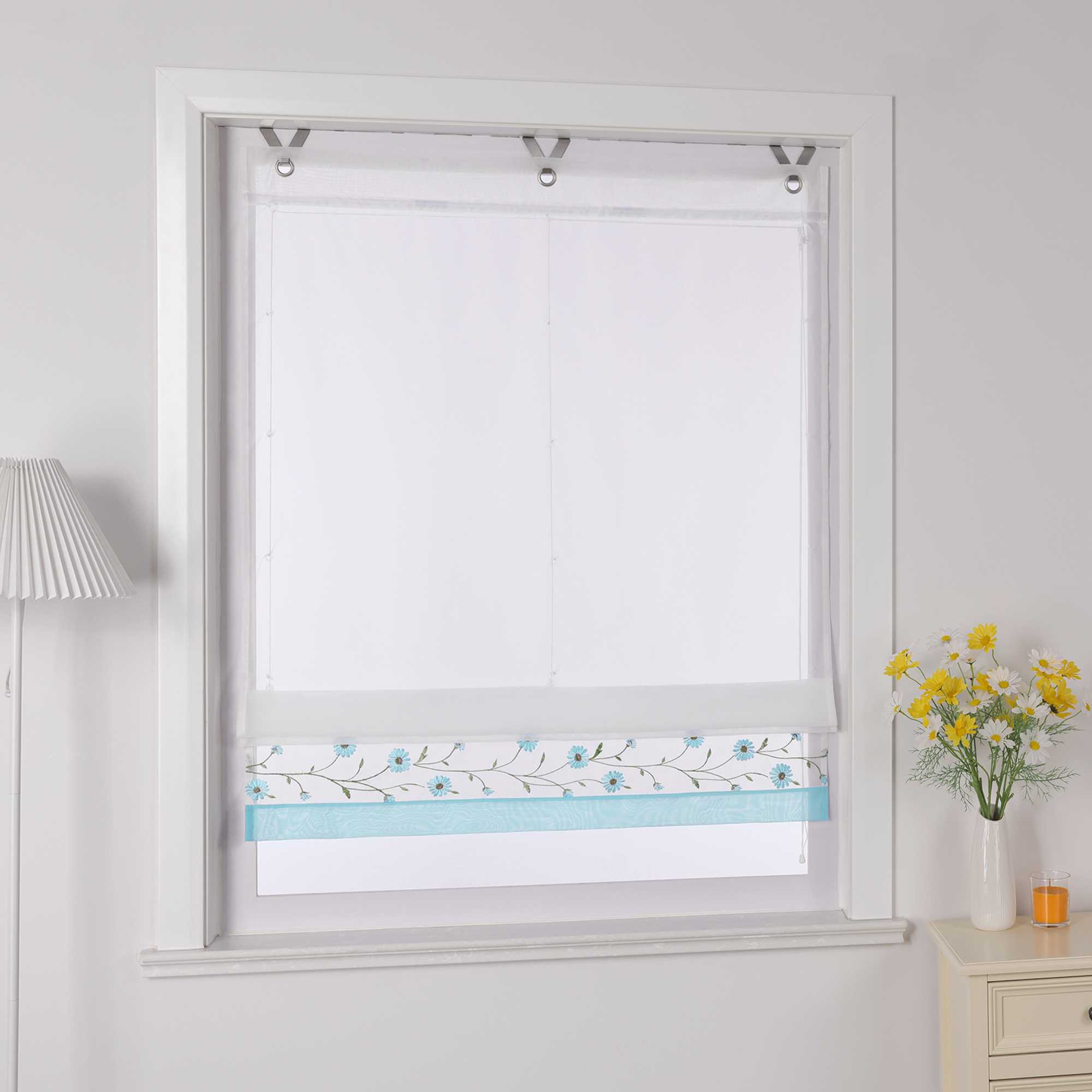 Roman Shade Voile with Tab-Top Hanging and Floral Pattern Embroidery 1 Piece - Gray, W x H 45 x 150cm