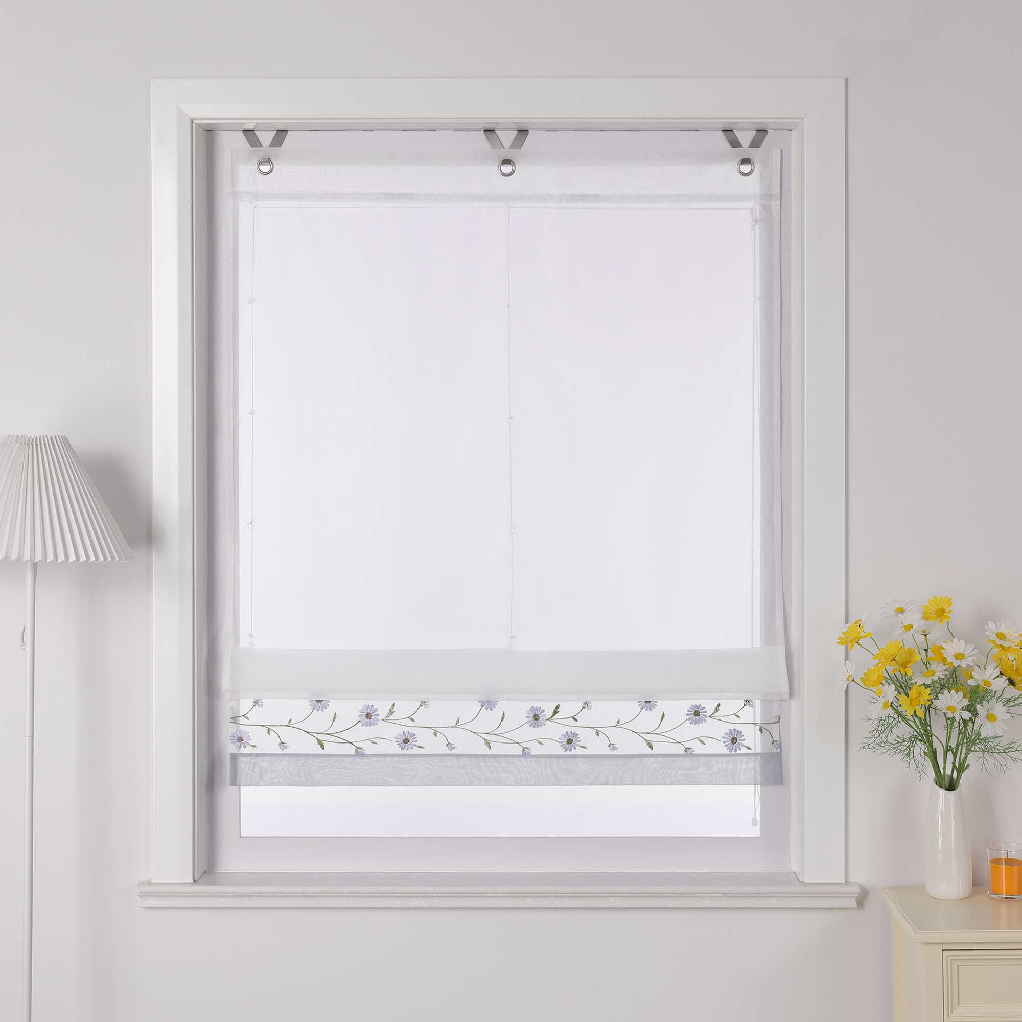 Roman Shade Voile with Tab-Top Hanging and Floral Pattern Embroidery 1 Piece - Sand, W x H 45 x 150cm