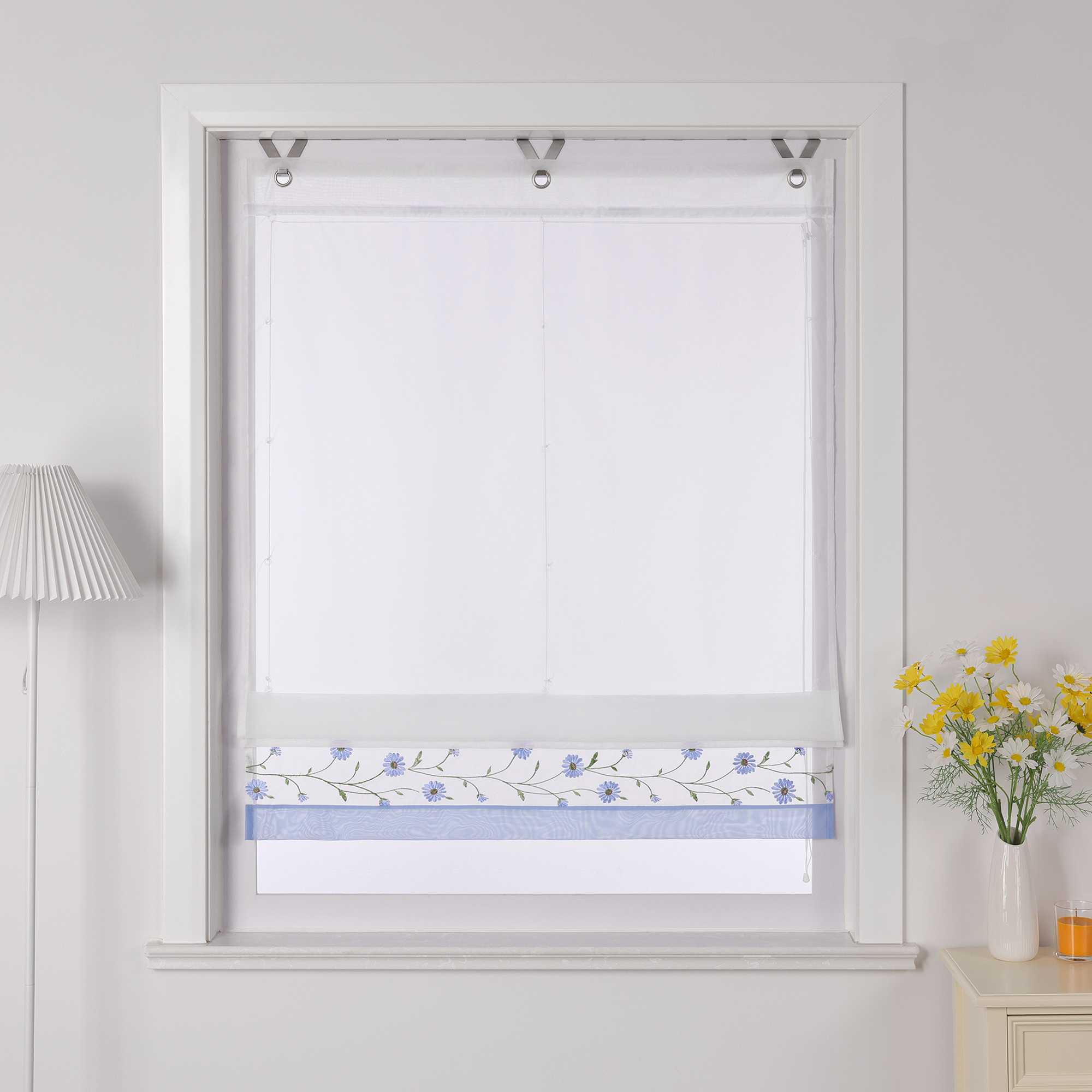 Roman Shade Voile with Tab-Top Hanging and Floral Pattern Embroidery 1 Piece - Violet, W x H 80 x 150cm