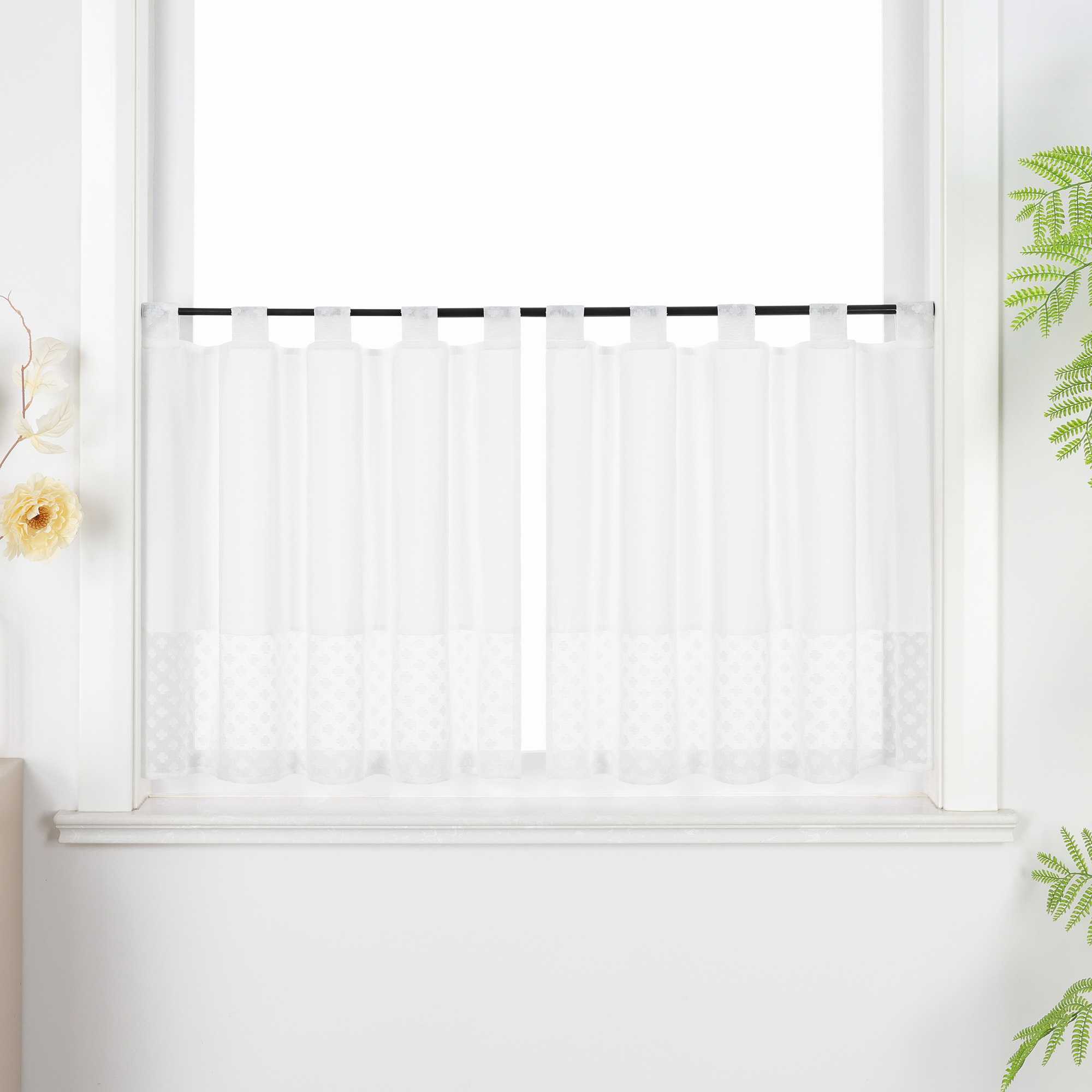 Cafe Curtain in Patchwork Style with Clover Pattern, 2 Pieces, with Tab-Top Design - White, H x W 45 x 90cm