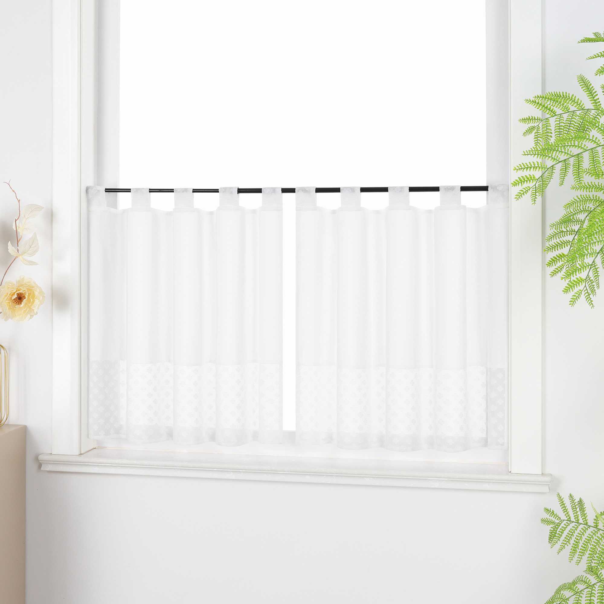 Cafe Curtain in Patchwork Style with Clover Pattern, 2 Pieces, with Tab-Top Design - White, H x W 60 x 120cm