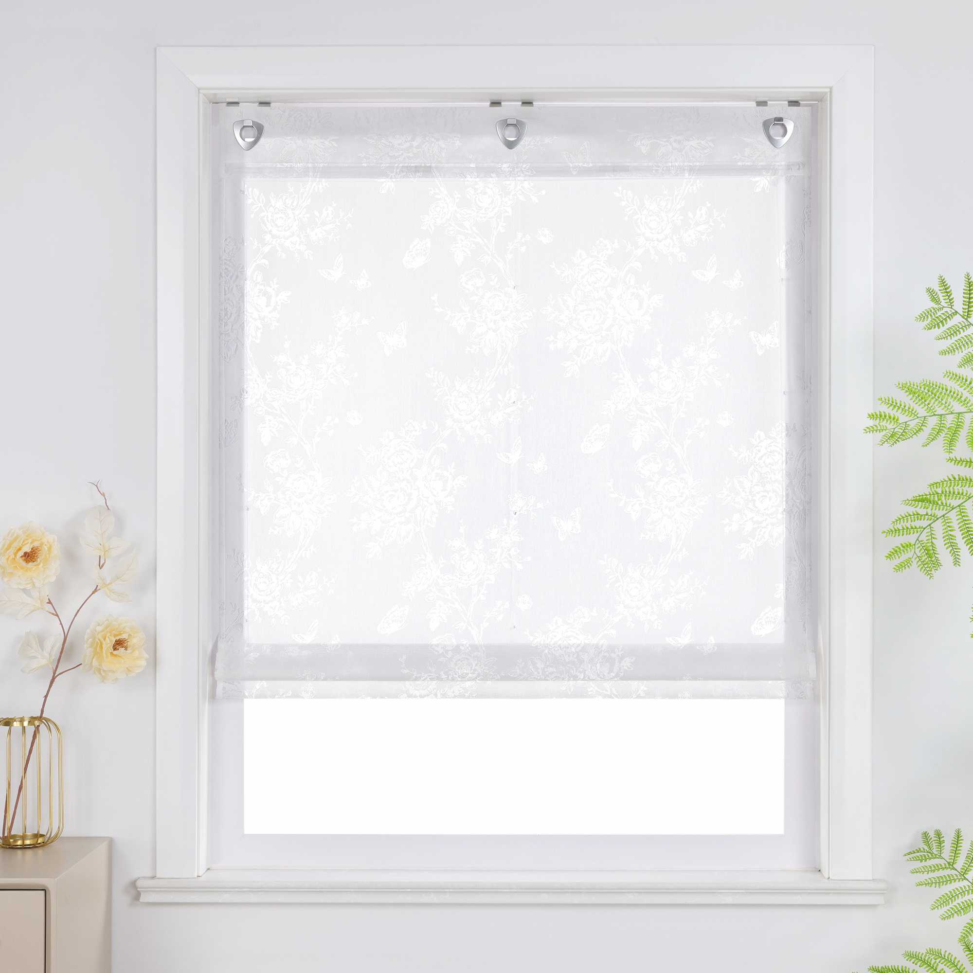 Roman Shade with Rose Pattern & U-Hooks - White, W x H 80 x 130cm