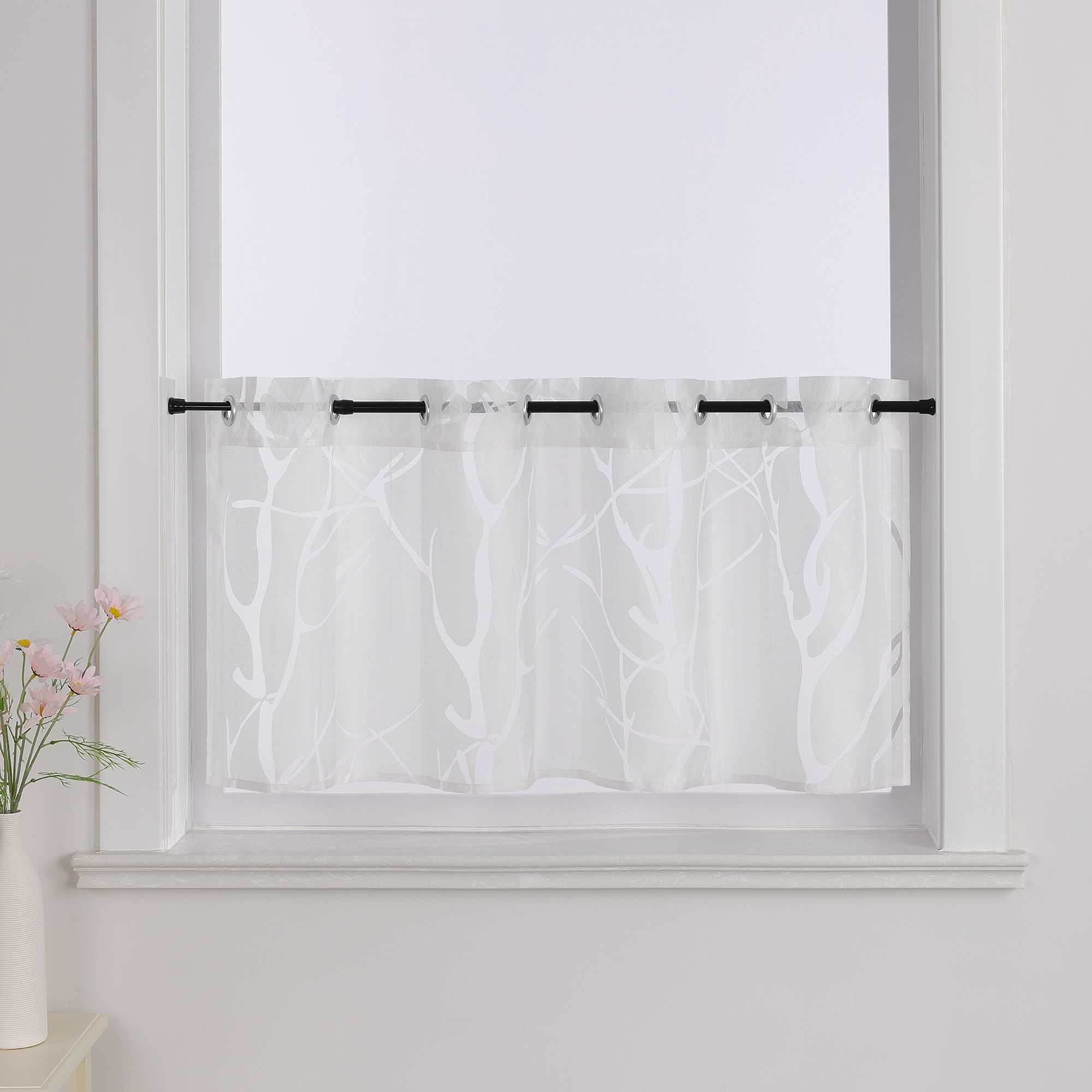 Grommet Cafe Curtain with Branch Pattern Short Curtain 1 Piece - Gray, H x W 45 x 90cm