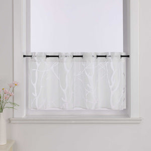 Grommet Cafe Curtain with Branch Pattern Short Curtain 1 Piece - Gray, H x W 45 x 90cm