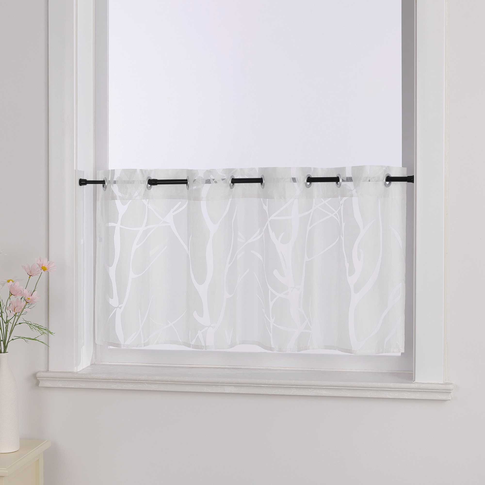 Grommet Cafe Curtain with Branch Pattern Short Curtain 1 Piece - Gray, H x W 45 x 120cm