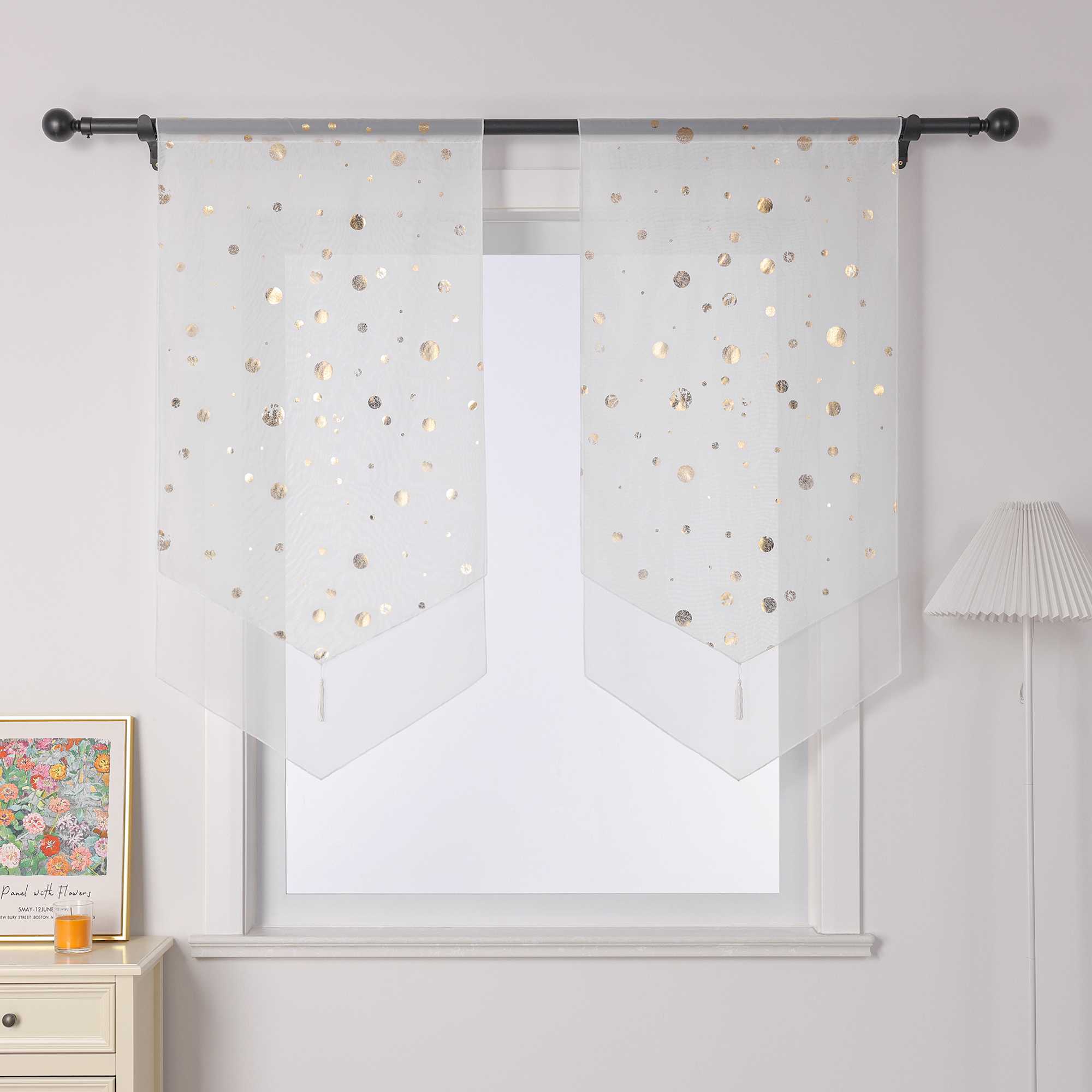 Cafe Curtain with Shimmering Circle Pattern with Rod Pocket 1 Piece - Silver, W x H 40 x 90cm