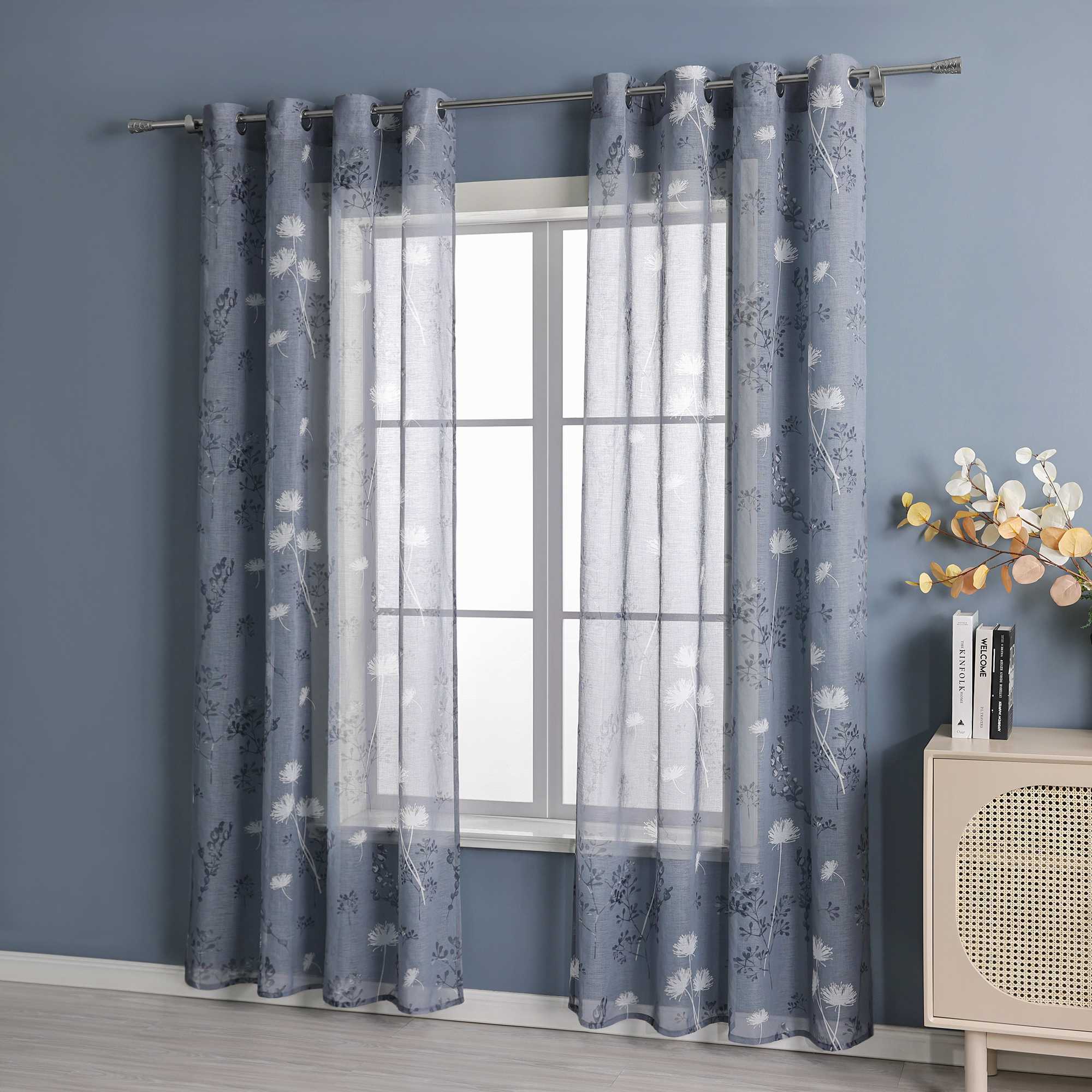Sheer Grommets Curtains with Dandelion Pattern 1 Piece - Gray, H x W 175 x 140cm