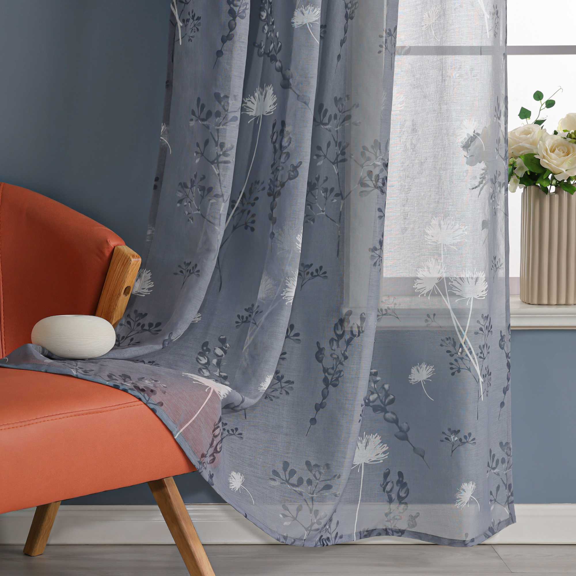 Curtain with Tab-Top Hanging and Botanical Patterns 1 Piece - Brown, H x W 225 x 140cm