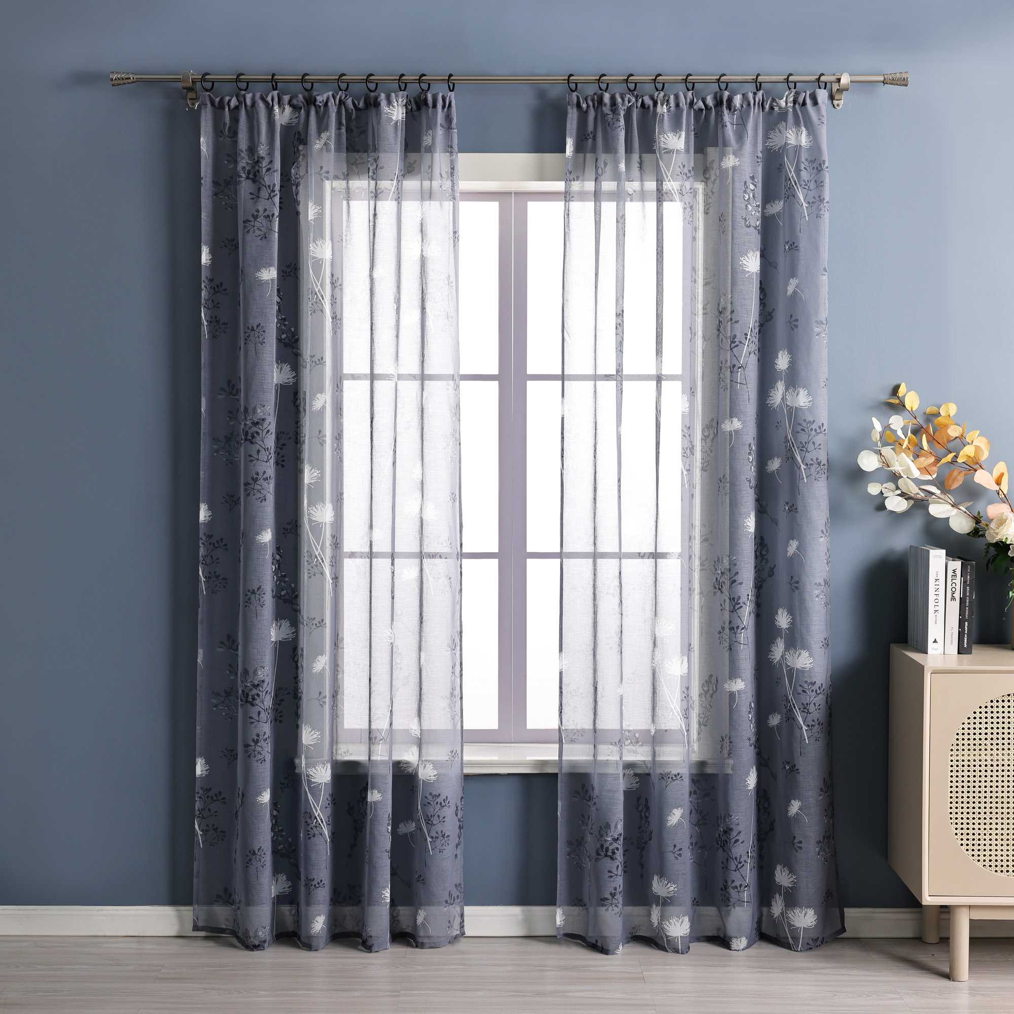 Curtain with Curtain Tape with Botanical Pattern 1 Piece - Gray, W x H 140 x 145cm