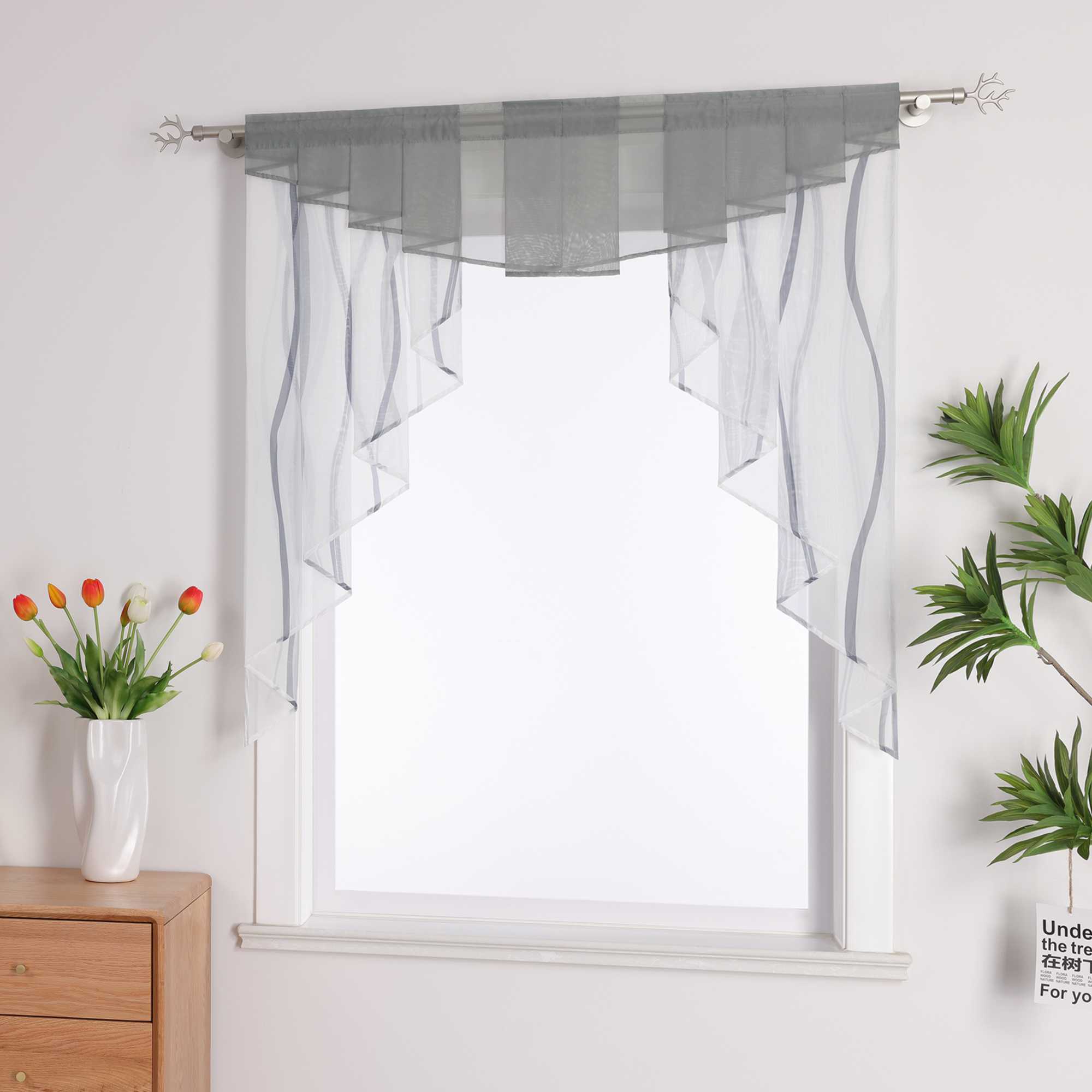 Cafe Curtain M-Shaped with Wave Pattern/ Window Valance for Kitchen - Sand, W x H 120 x 125cm