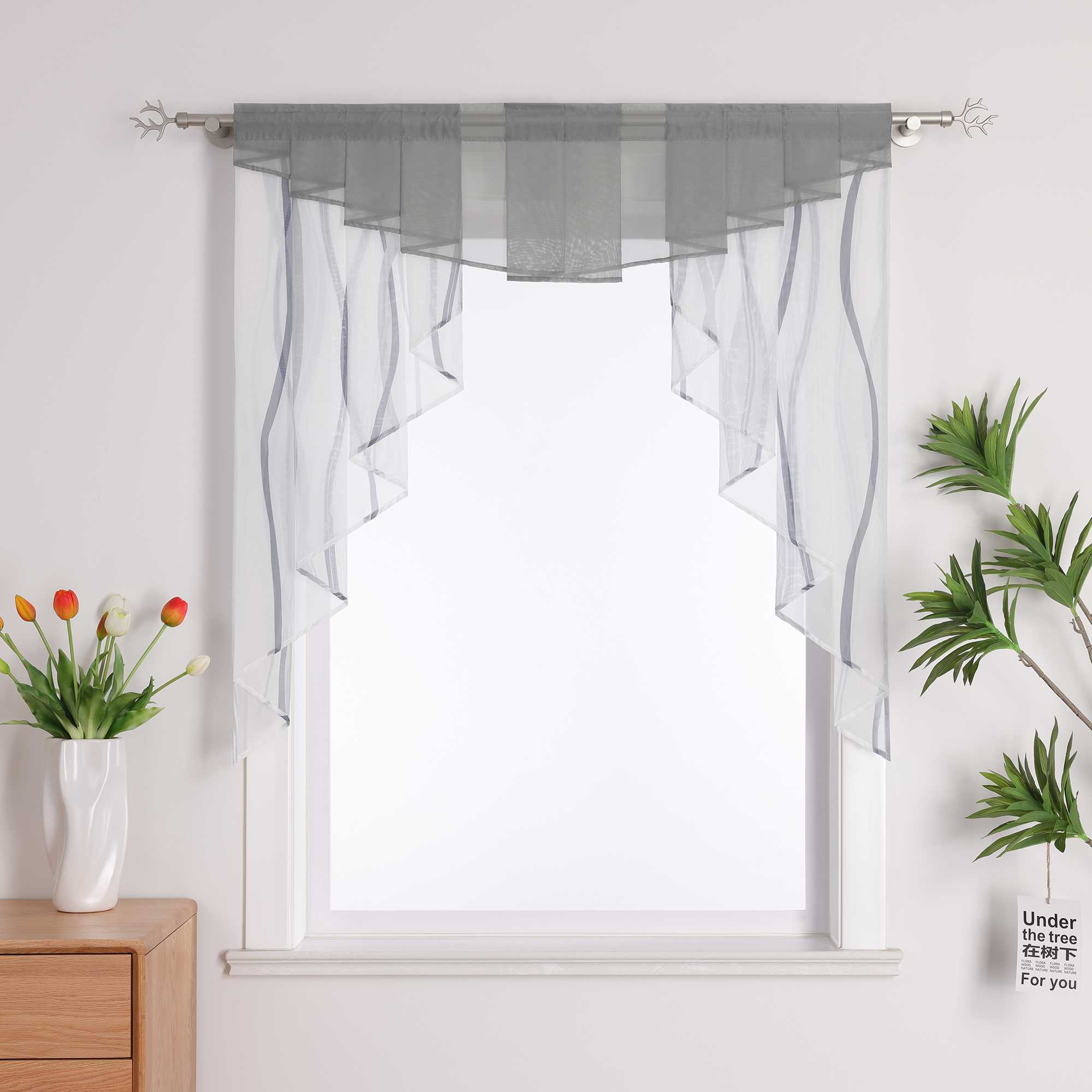 Cafe Curtain M-Shaped with Wave Pattern/ Window Valance for Kitchen - Sand, W x H 100 x 100cm