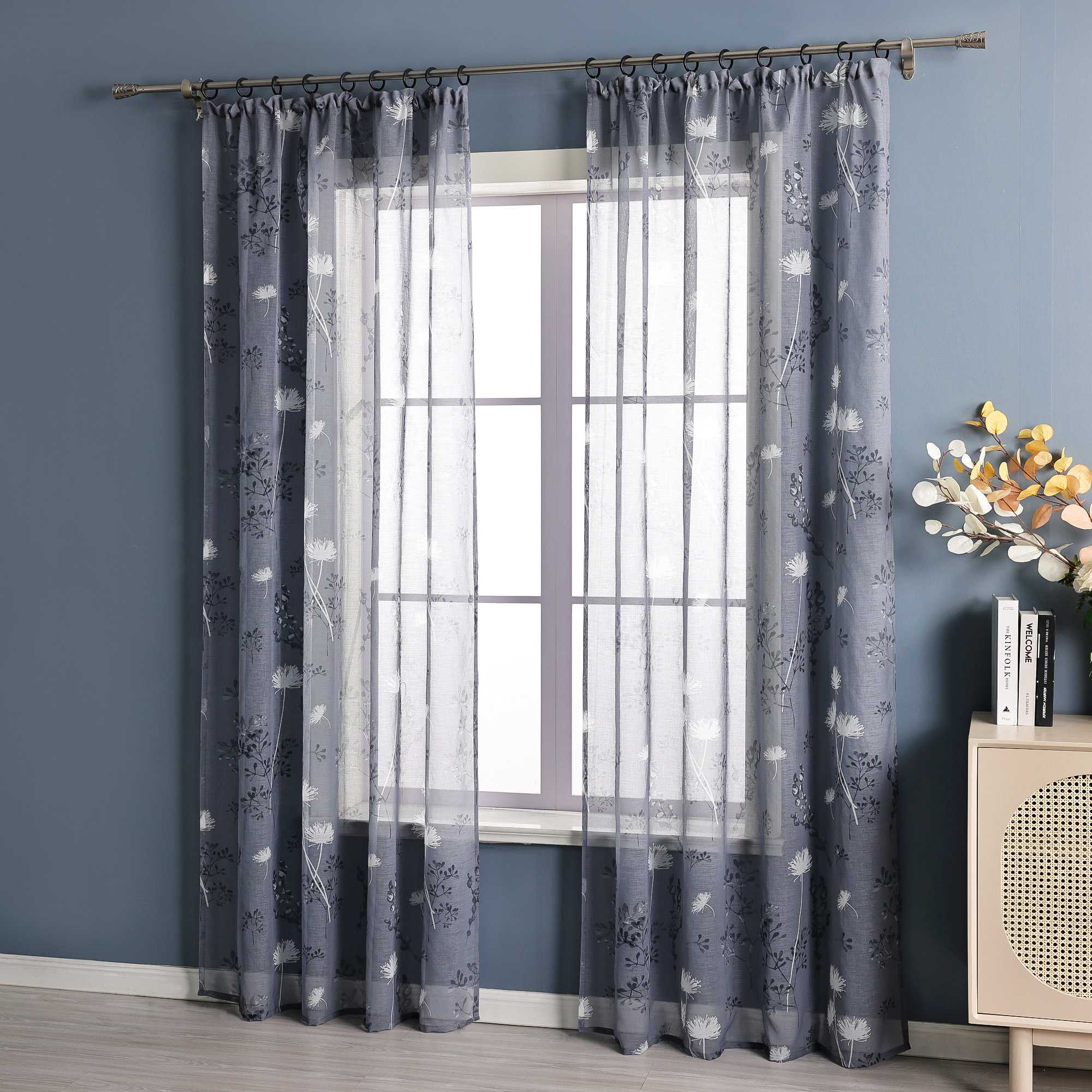Curtain with Curtain Tape with Botanical Pattern 1 Piece - Gray, W x H 140 x 175cm