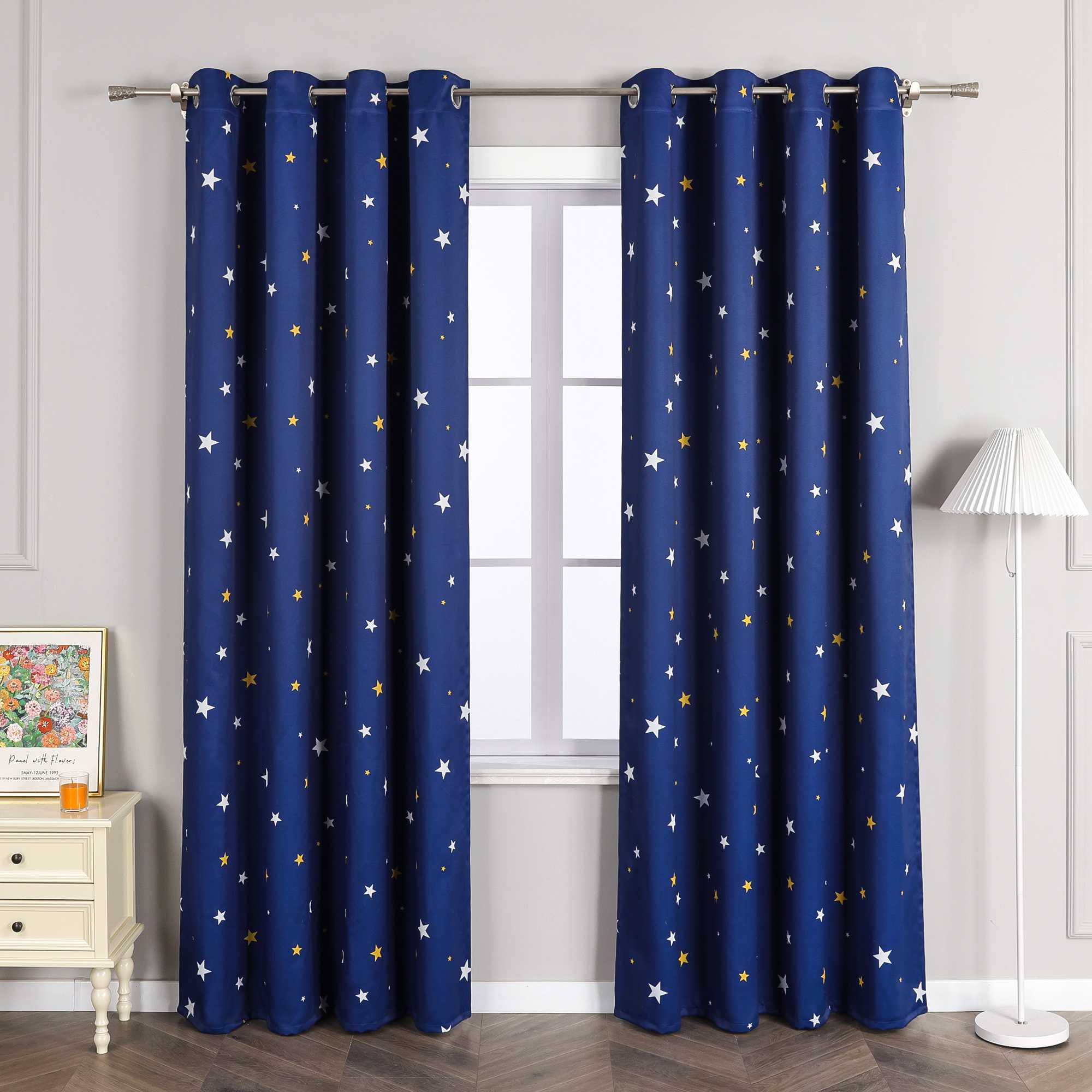 Blackout Grommet Curtain Opaque with Star Pattern Thermal - Blue, W x H 135 x 145cm