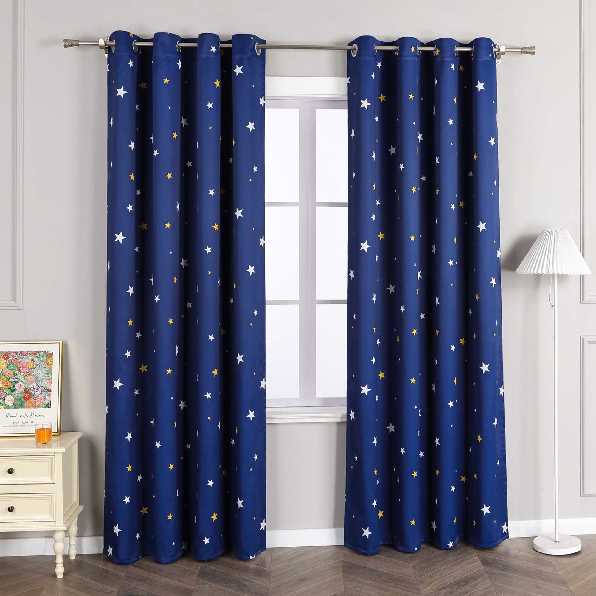 Blackout Grommet Curtain Opaque with Star Pattern Thermal - Blue, W x H 135 x 225cm