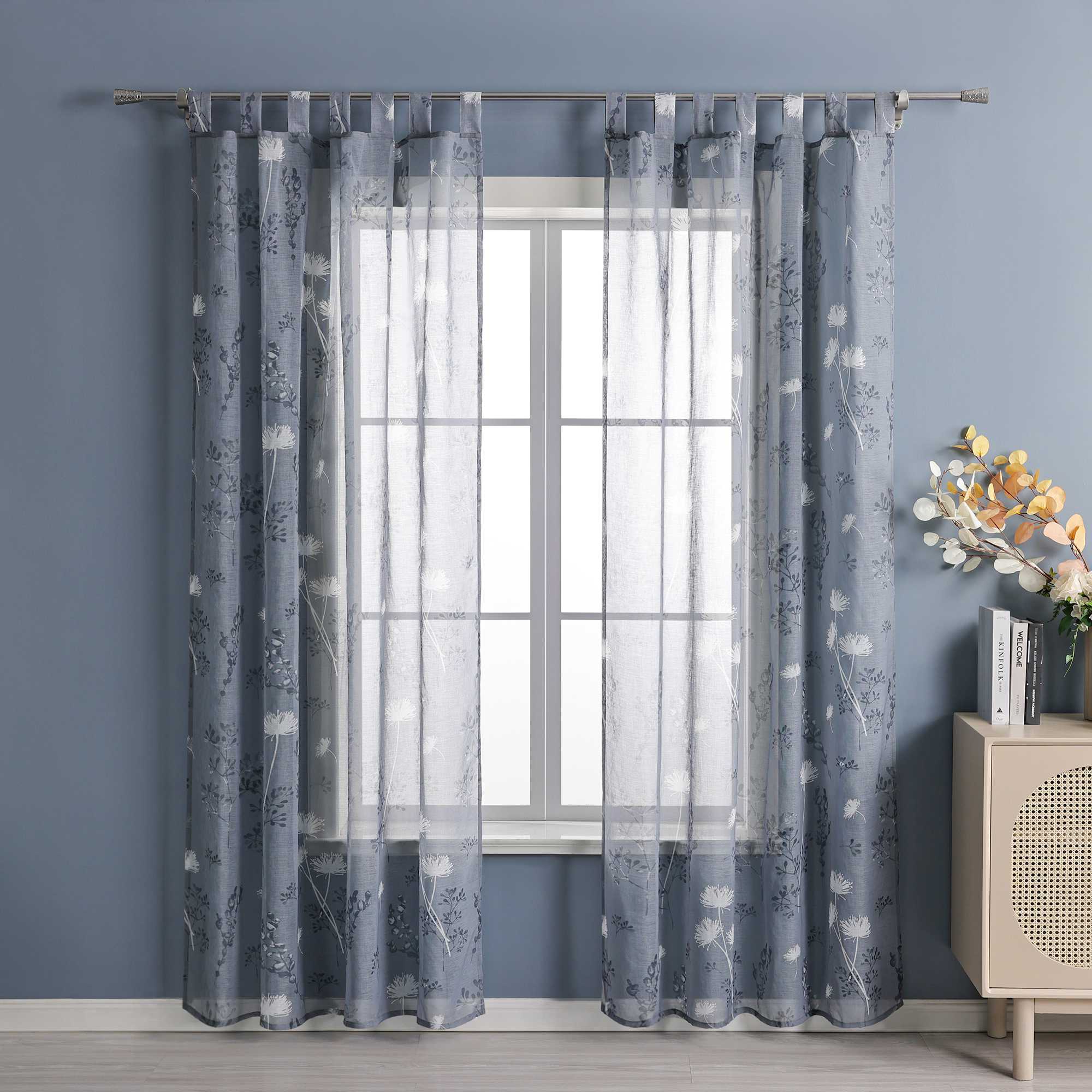 Curtain with Tab-Top Hanging and Botanical Patterns 1 Piece - Gray, H x W 145 x 140cm