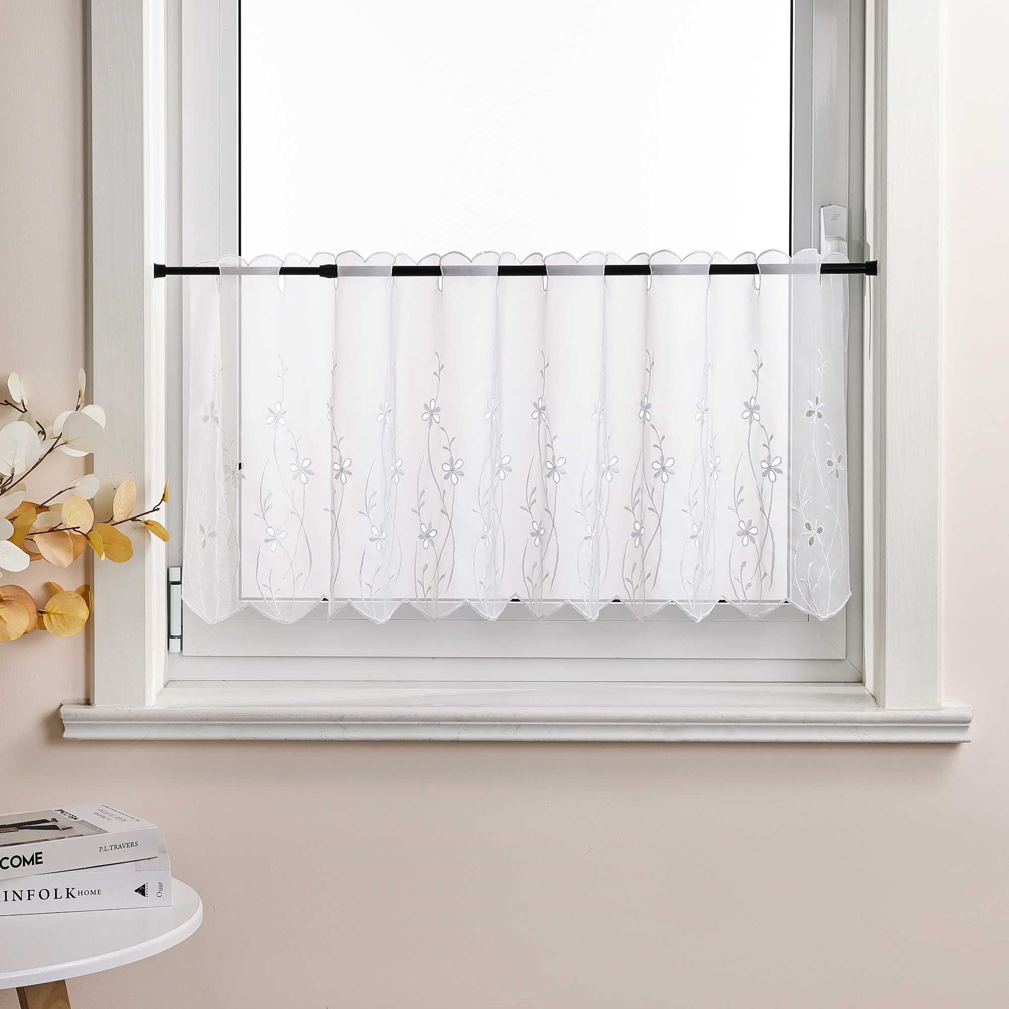 Cafe Curtain Country Style with Floral Pattern - Gray, W x H 120 x 30cm