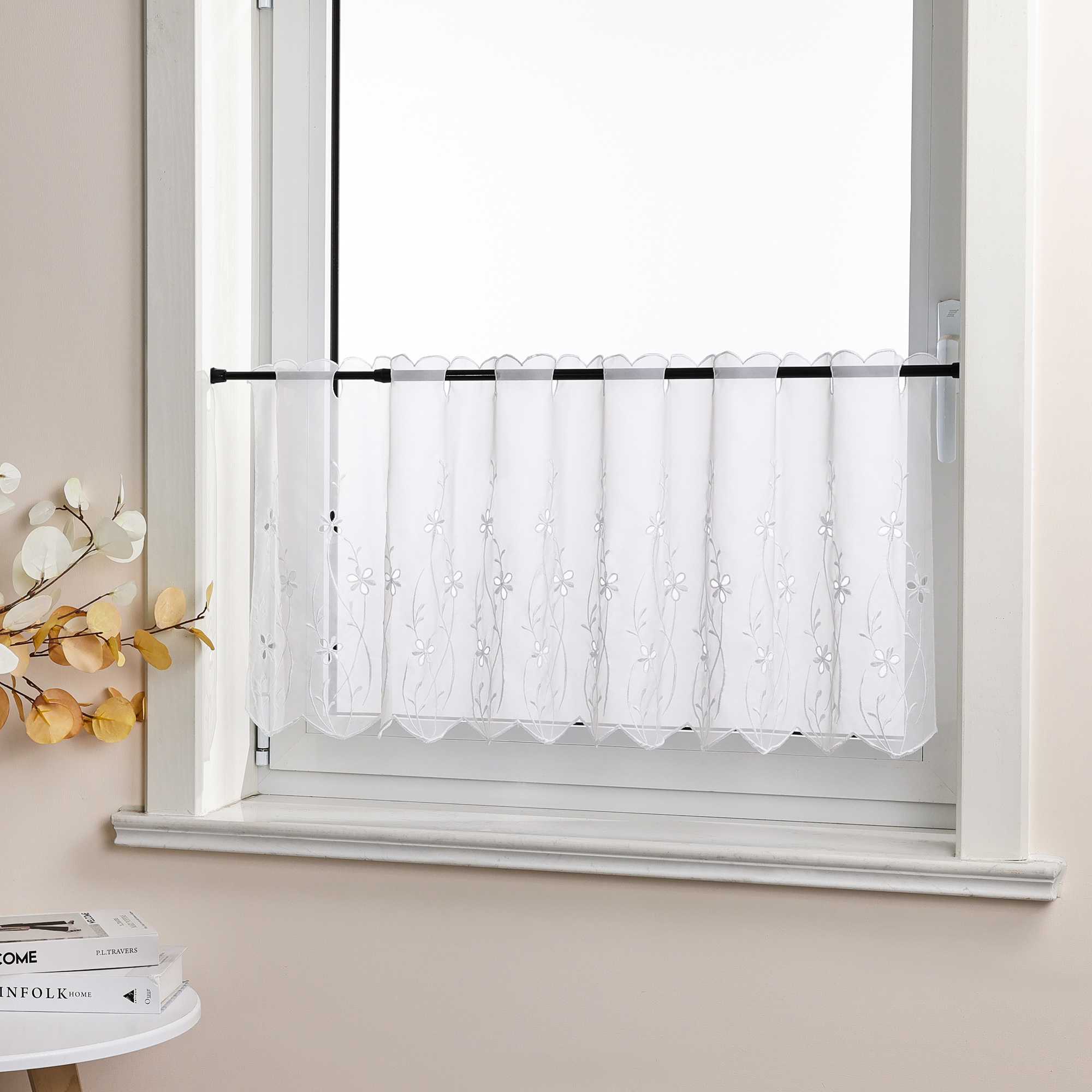Cafe Curtain Country Style with Floral Pattern - Gray, W x H 90 x 45cm