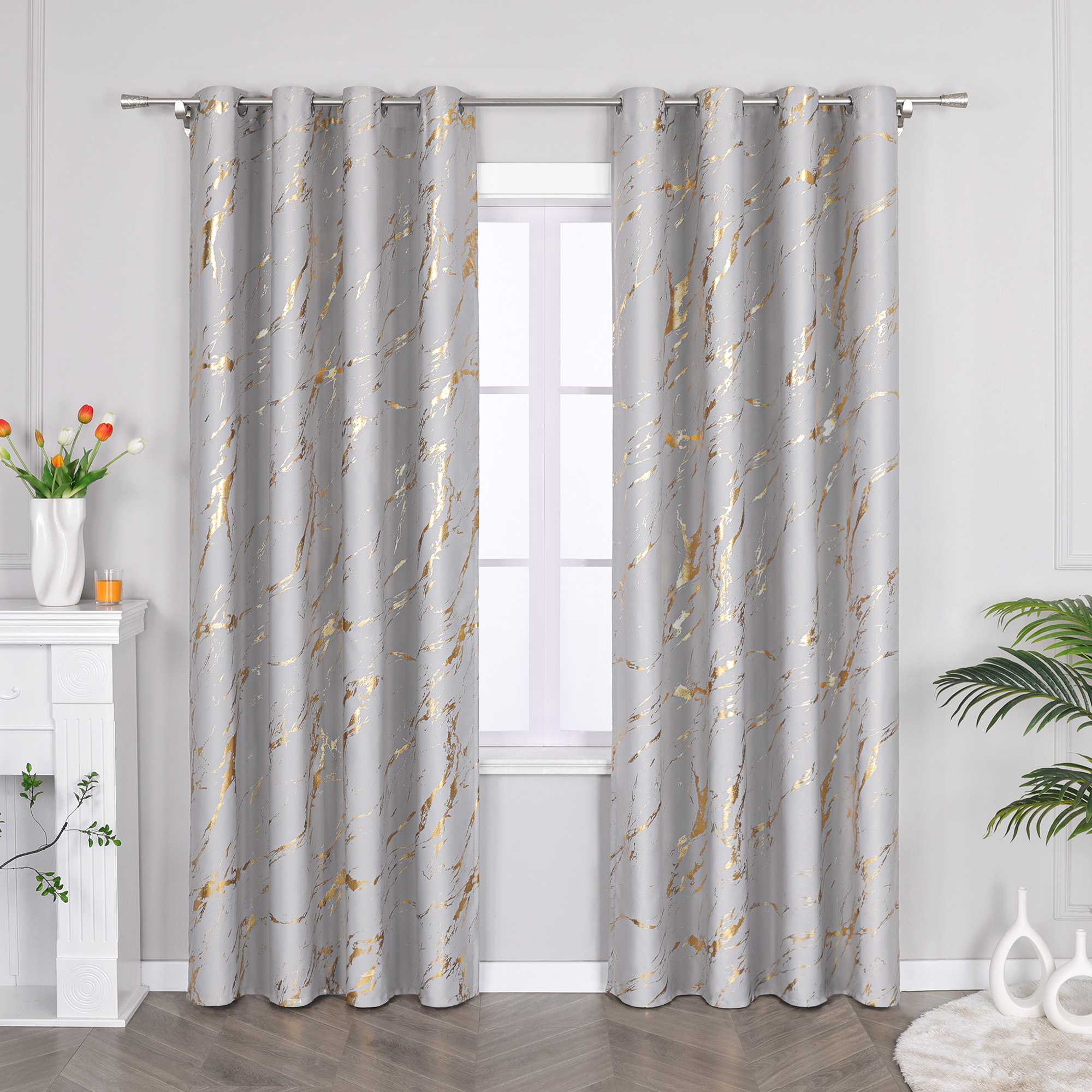 Blackout Curtain with Marble-Look Curtain Panel 1 Piece - Silver, H x W 225 x 200 cm