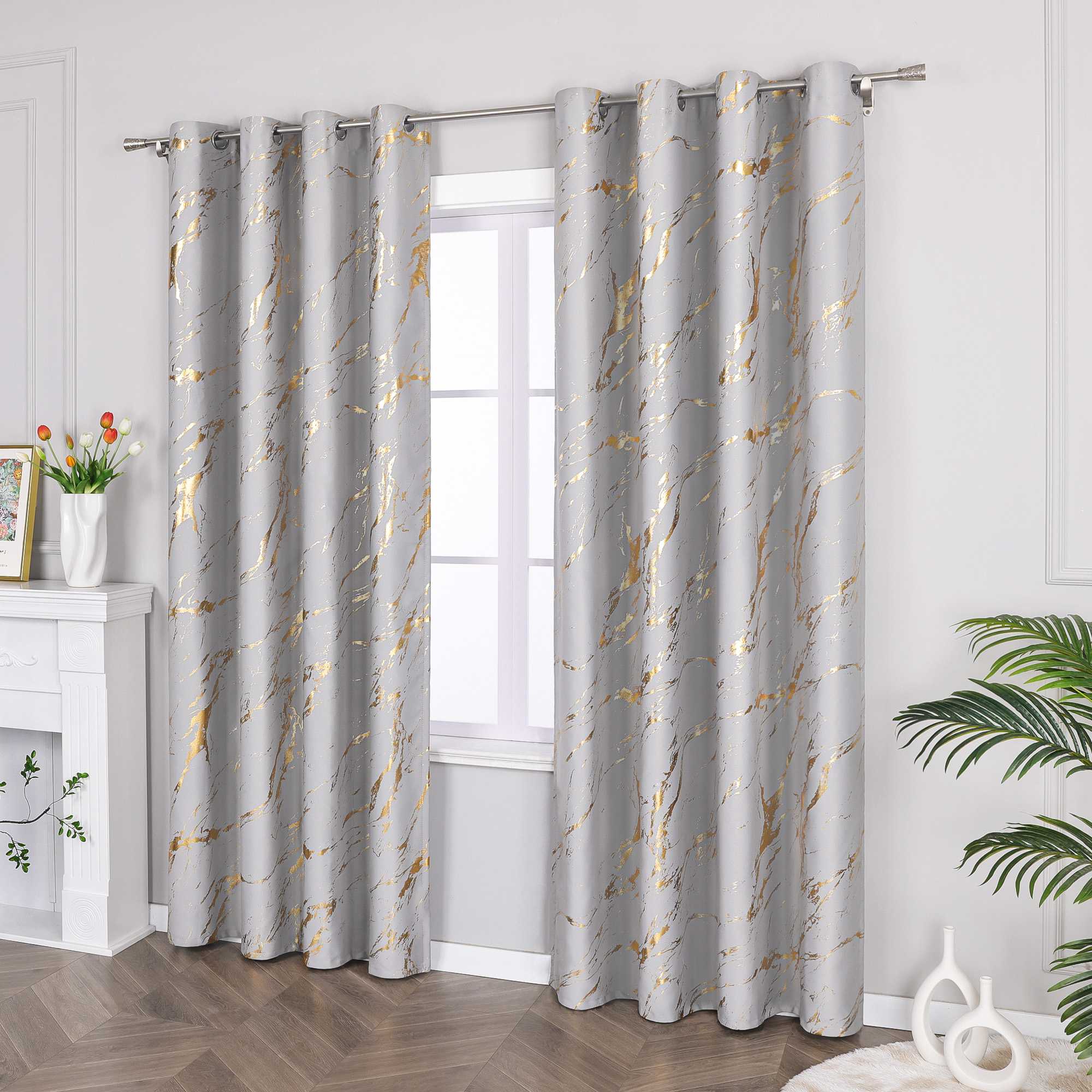 Blackout Curtain with Marble-Look Curtain Panel 1 Piece - Silver, H x W 245 x 200 cm