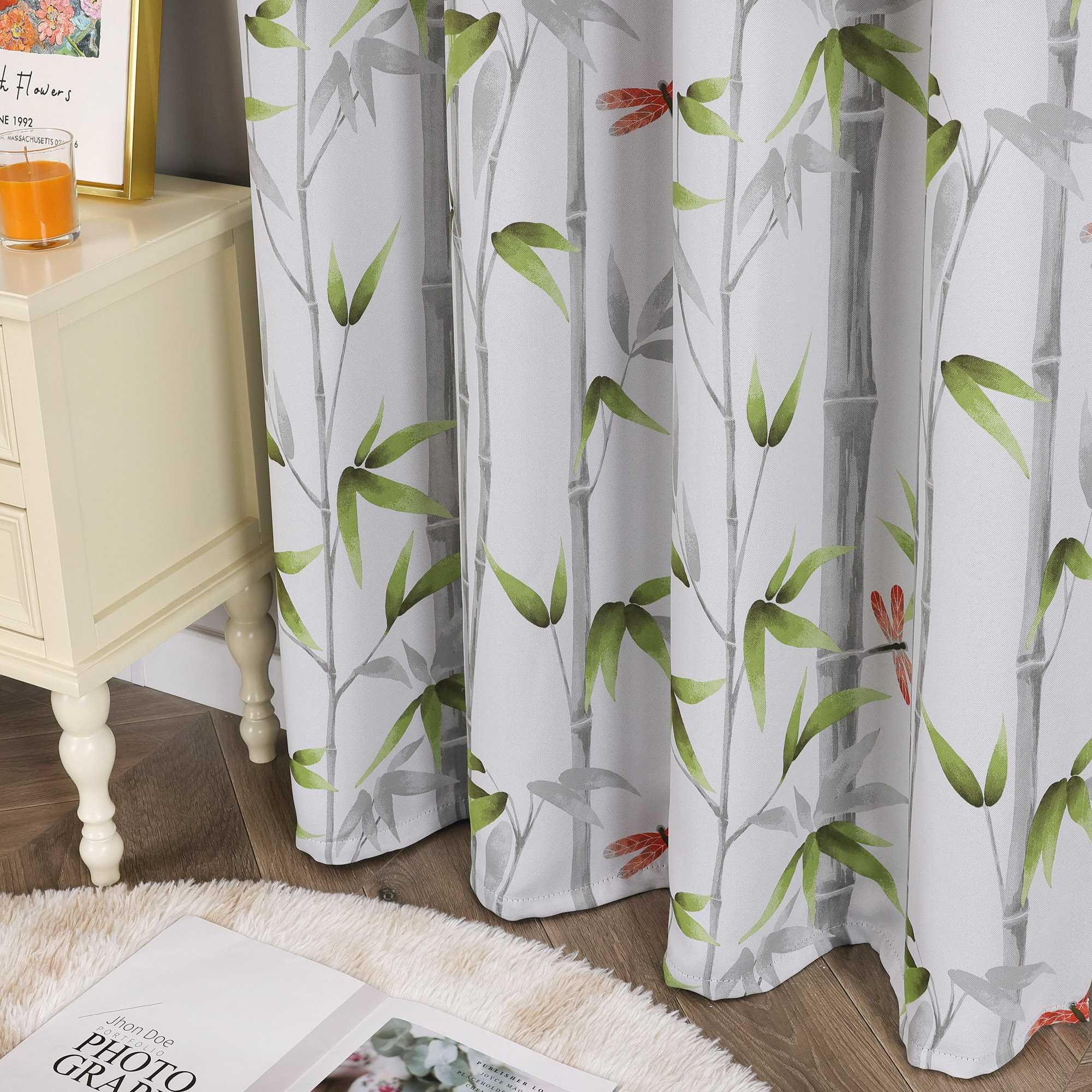 Blackout Grommet Curtain Opaque with Bamboo Pattern Thermal - Multicolor, W x H 135 x 245cm