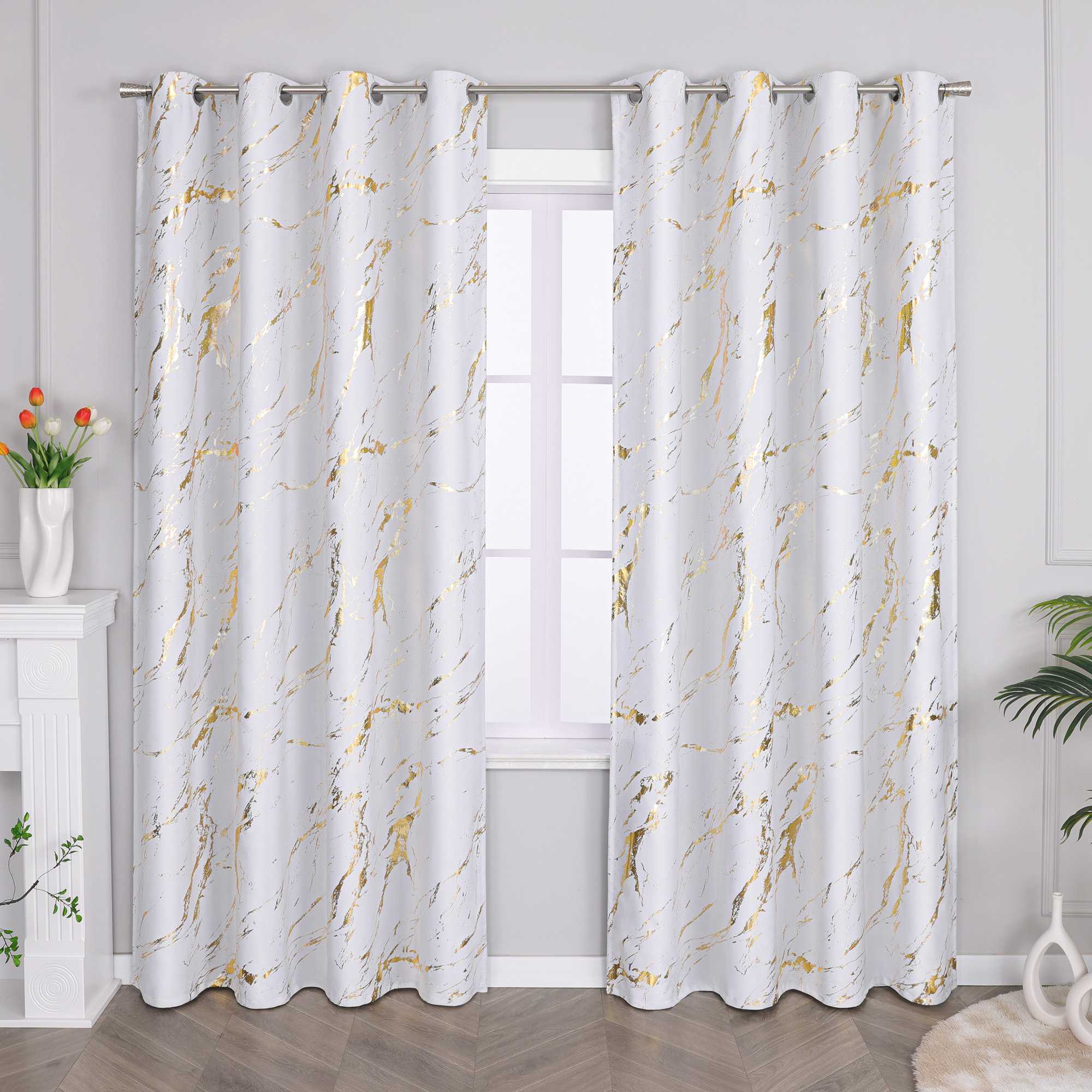 Blackout Curtain with Marble-Look Curtain Panel 1 Piece - Gray, H x W 145 x 140 cm