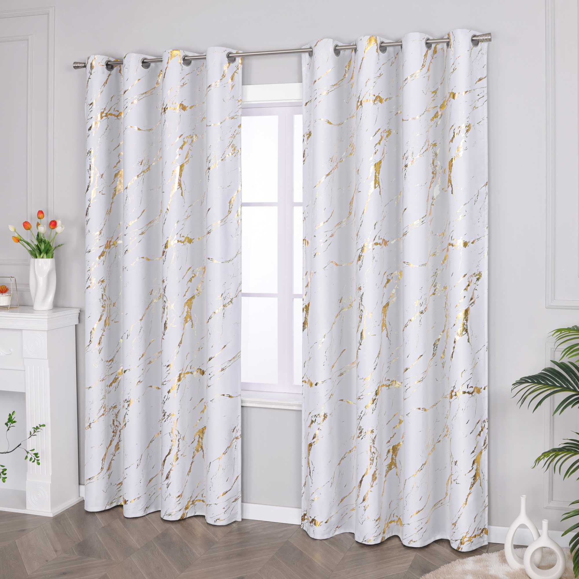 Blackout Curtain with Marble-Look Curtain Panel 1 Piece - Gray, H x W 175 x 140 cm