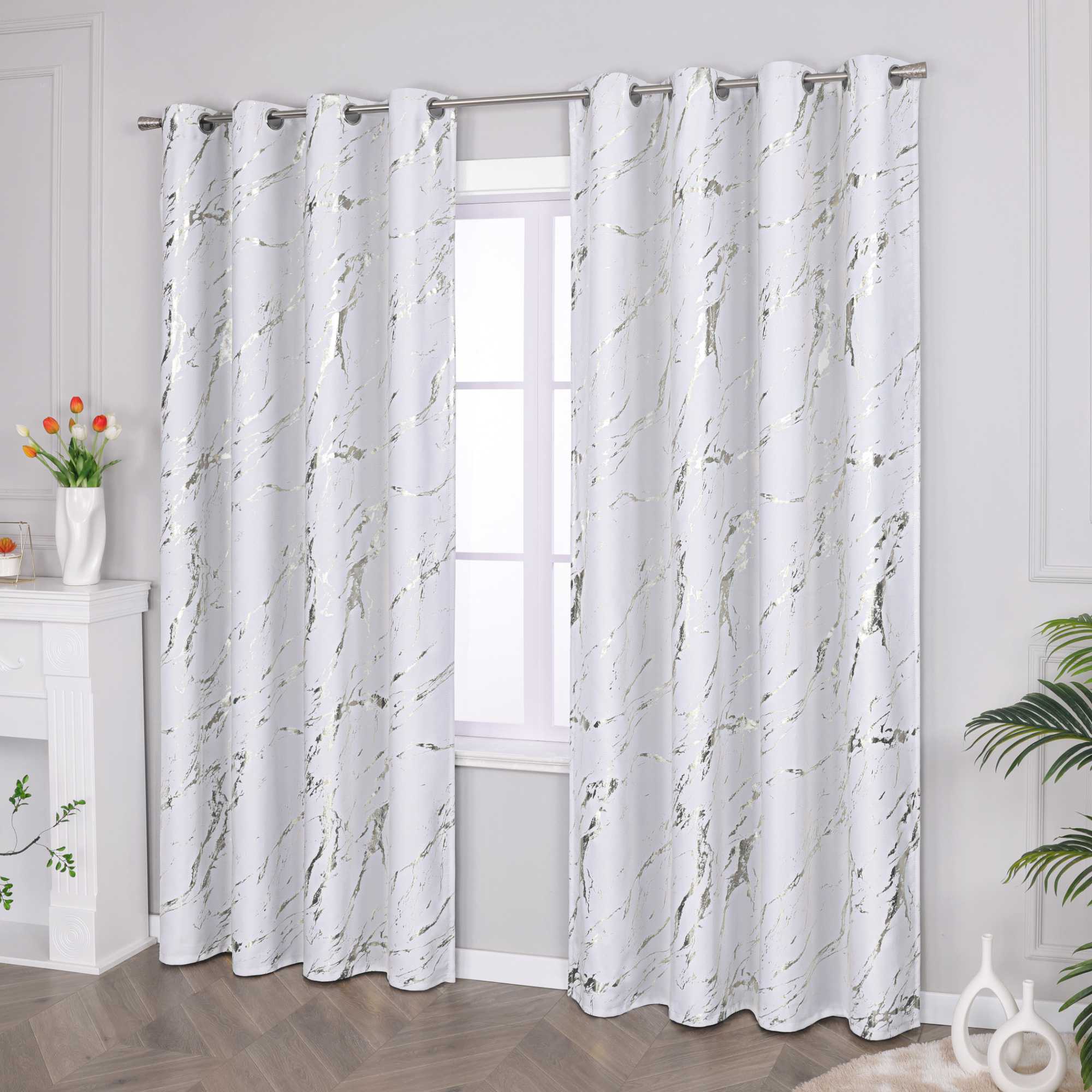 Blackout Curtain with Marble-Look Curtain Panel 1 Piece - Gold, H x W 175 x 140 cm