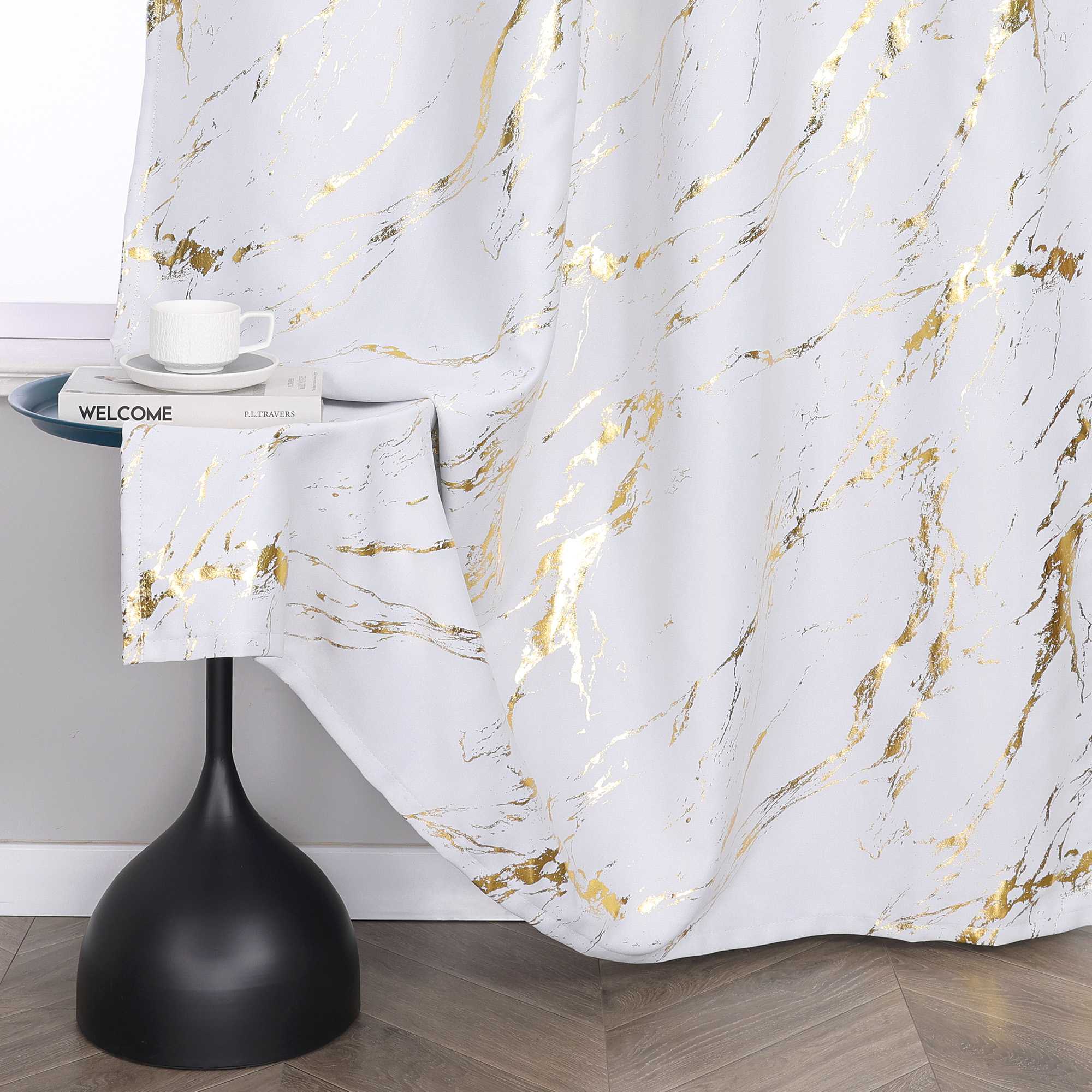 Blackout Curtain with Marble-Look Curtain Panel 1 Piece - Silver, H x W 145 x 140 cm