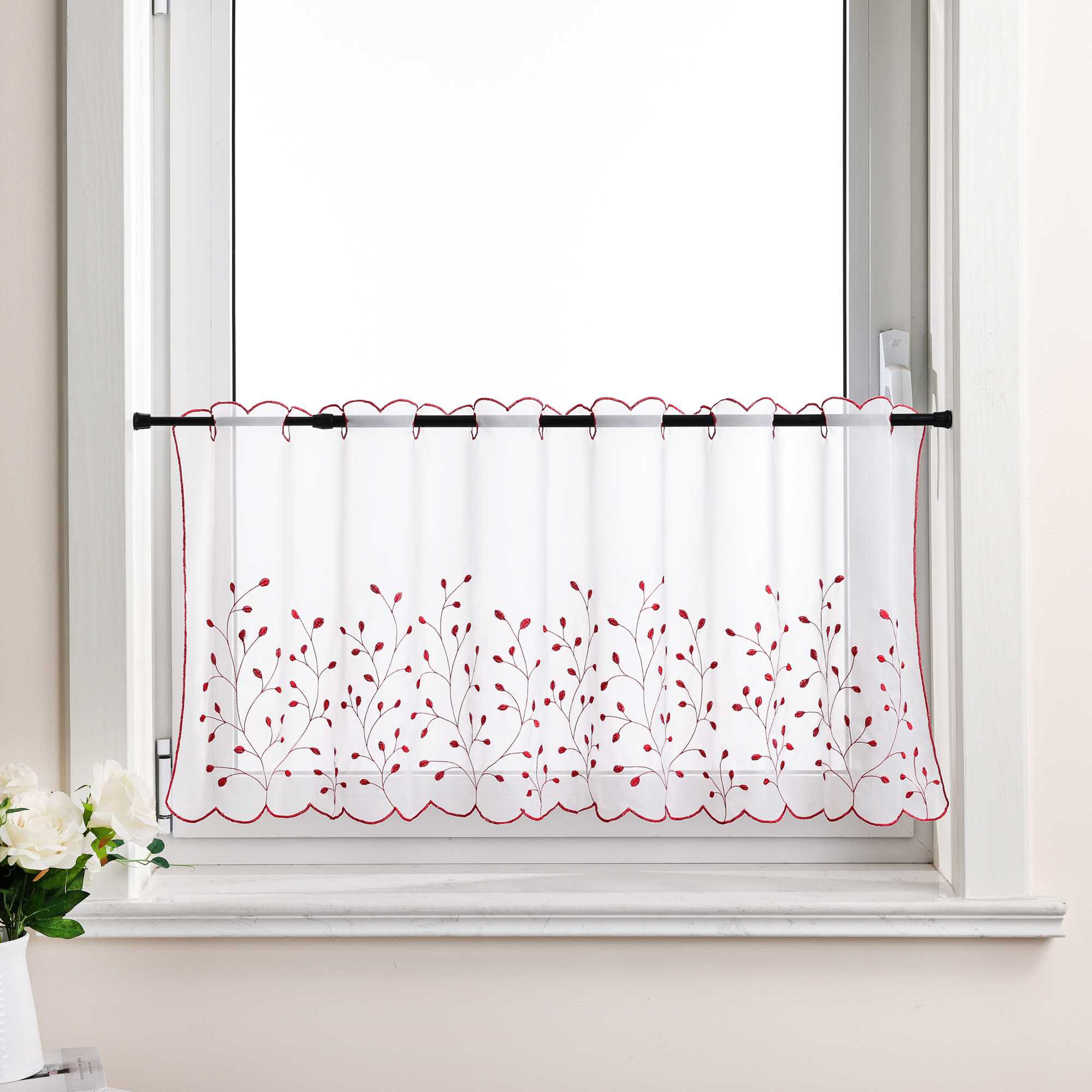 Cafe Curtain with Floral Embroidery/ Voile with Eyelet Header Country Style 1 Piece - Light Gray, H x W 45 x 120cm