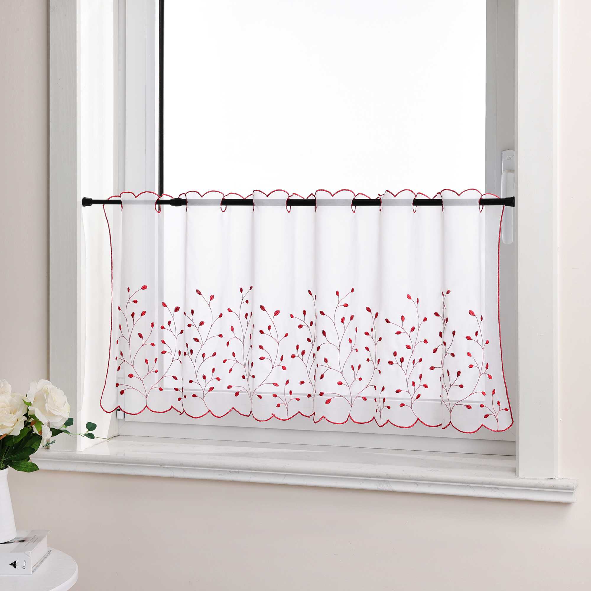 Cafe Curtain with Floral Embroidery/ Voile with Eyelet Header Country Style 1 Piece - Light Gray, H x W 60 x 120cm