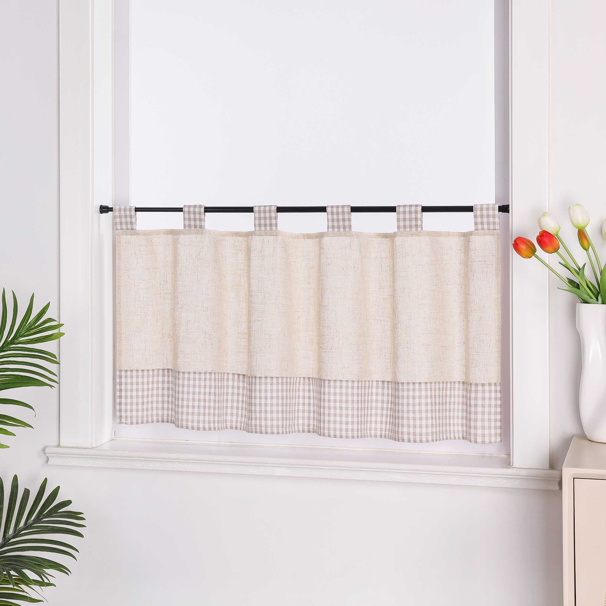 Cafe Curtain with Tab-Top Hanging/ Checked in Linen-Look Fabric - Beige, H x W 45 x 120cm