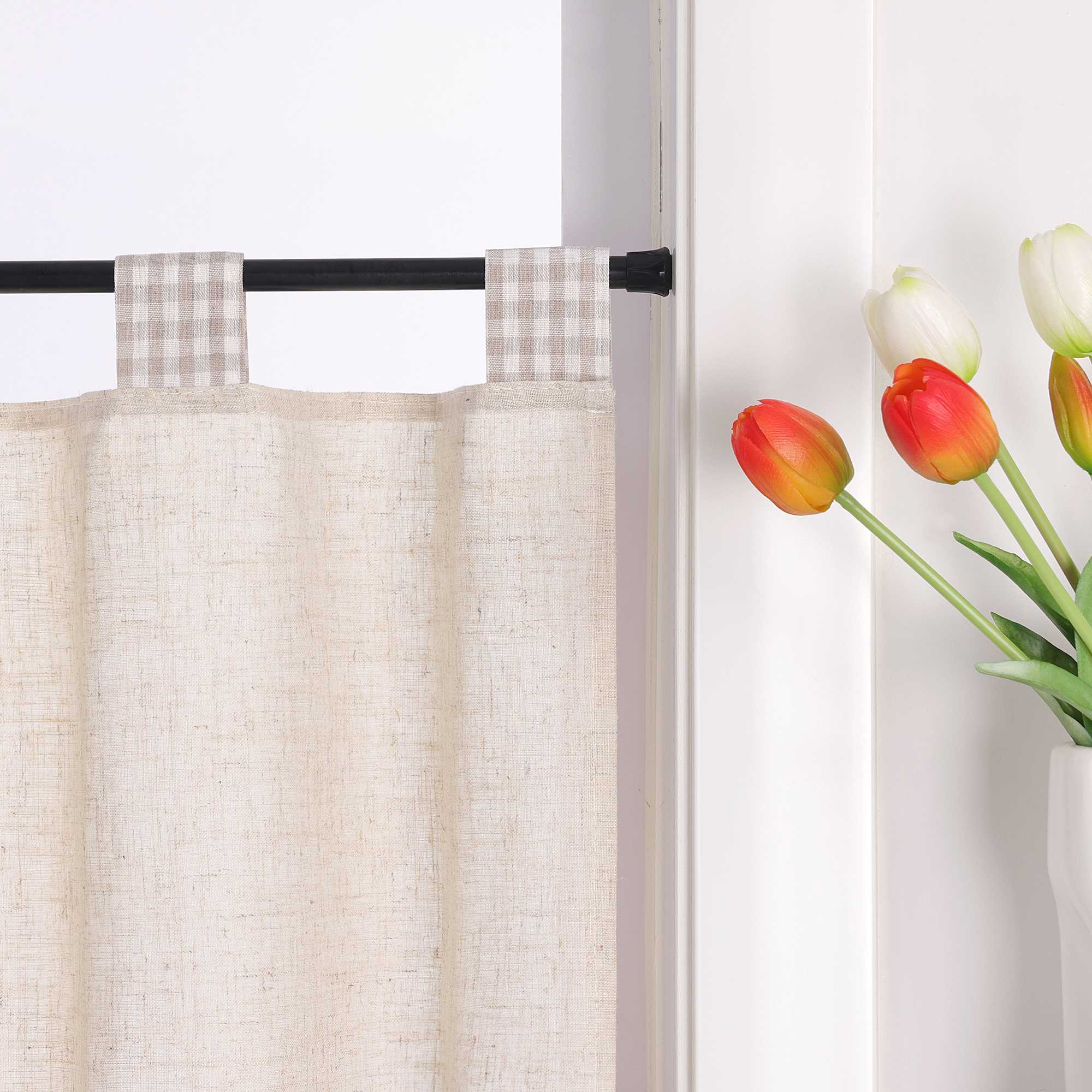 Cafe Curtain with Tab-Top Hanging/ Checked in Linen-Look Fabric - Beige, H x W 60 x 145cm