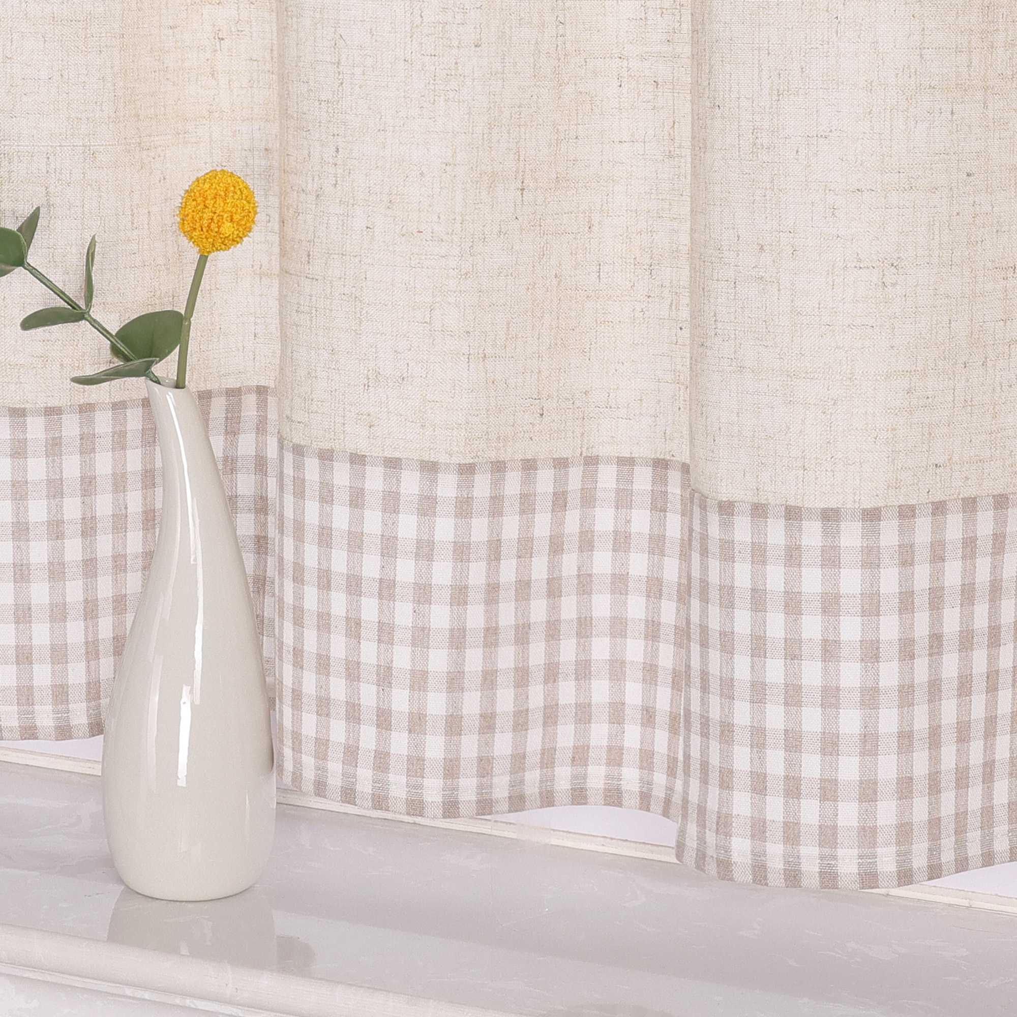 Cafe Curtain with Tab-Top Hanging/ Checked in Linen-Look Fabric - Beige, H x W 60 x 90cm