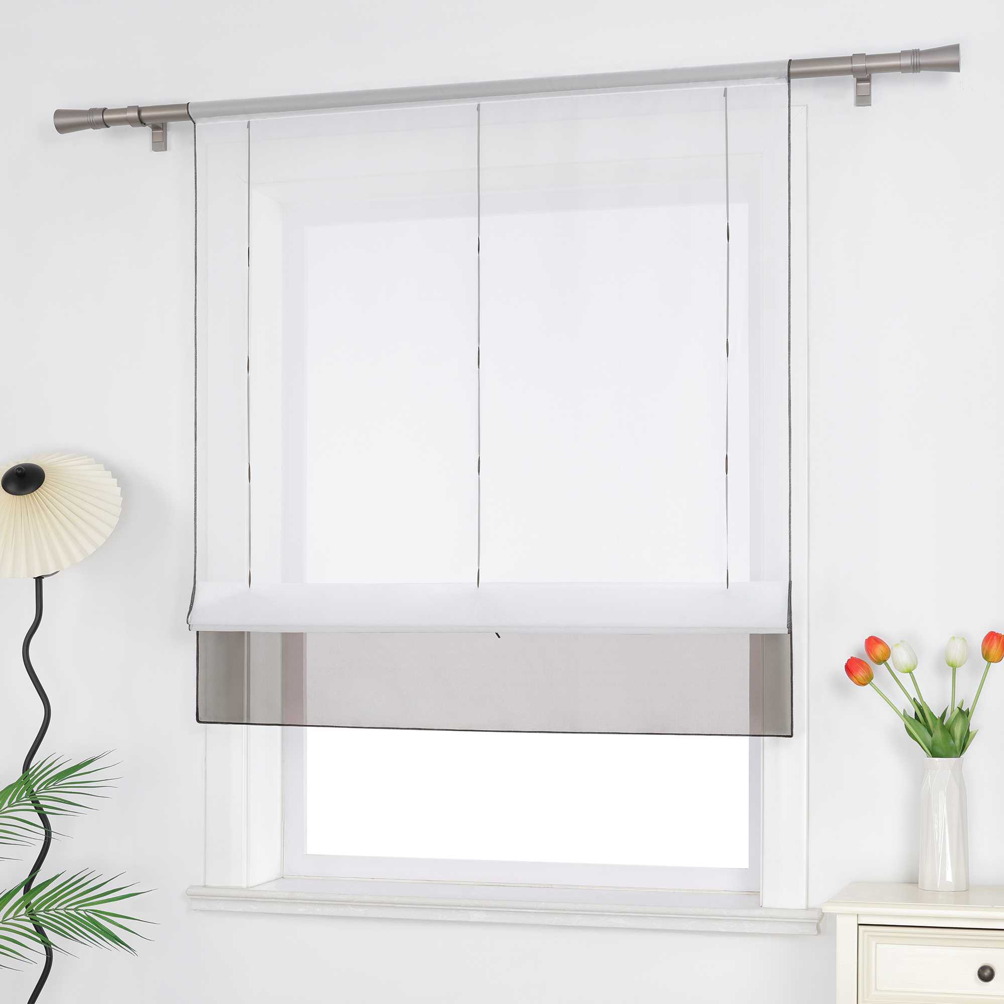 Roman Shade Semi-Sheer Airy with Colored Hem Rod Pocket 1 Piece - Gray, W x H 60 x 155cm