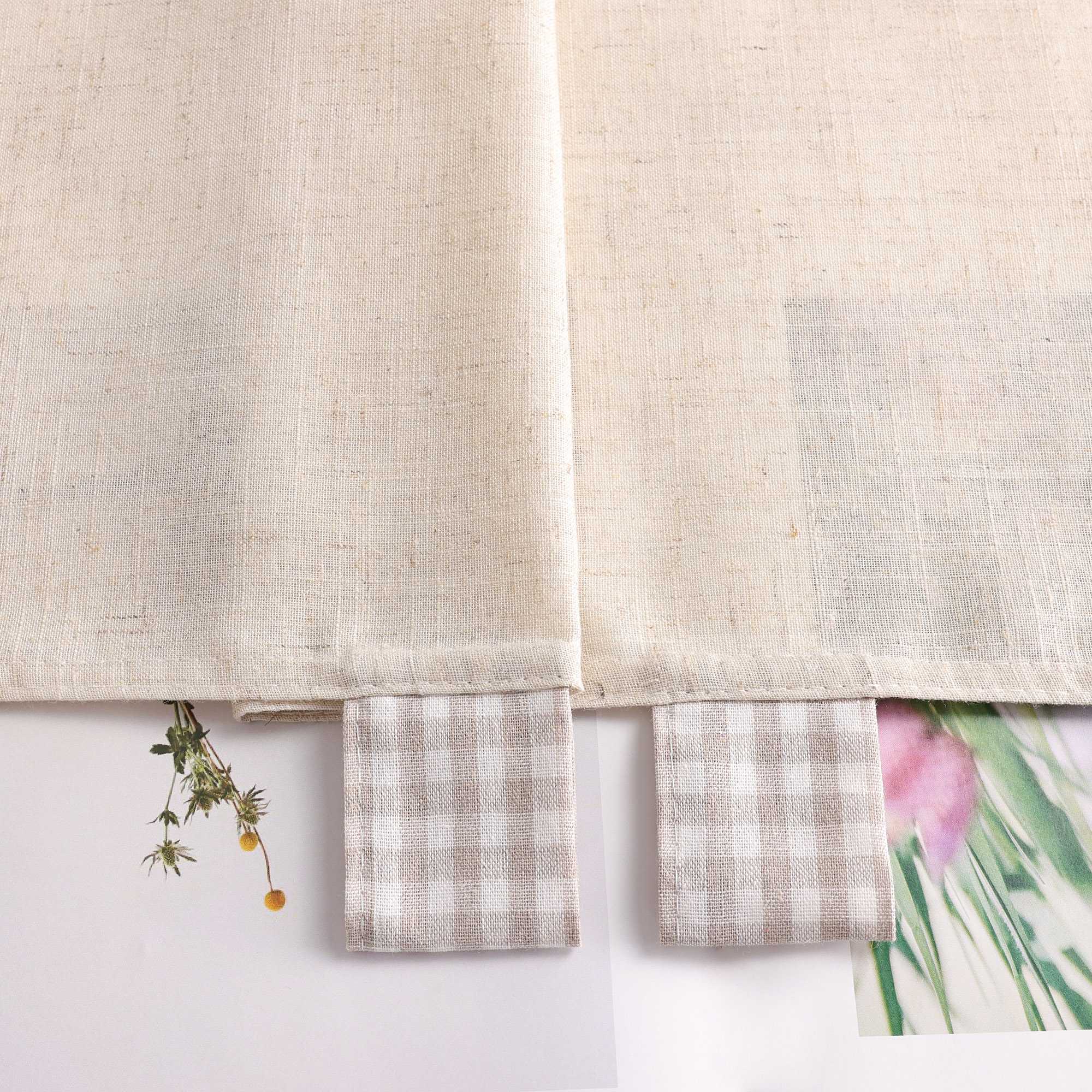 Cafe Curtain with Tab-Top Hanging/ Checked in Linen-Look Fabric - Beige, H x W 90 x 90cm