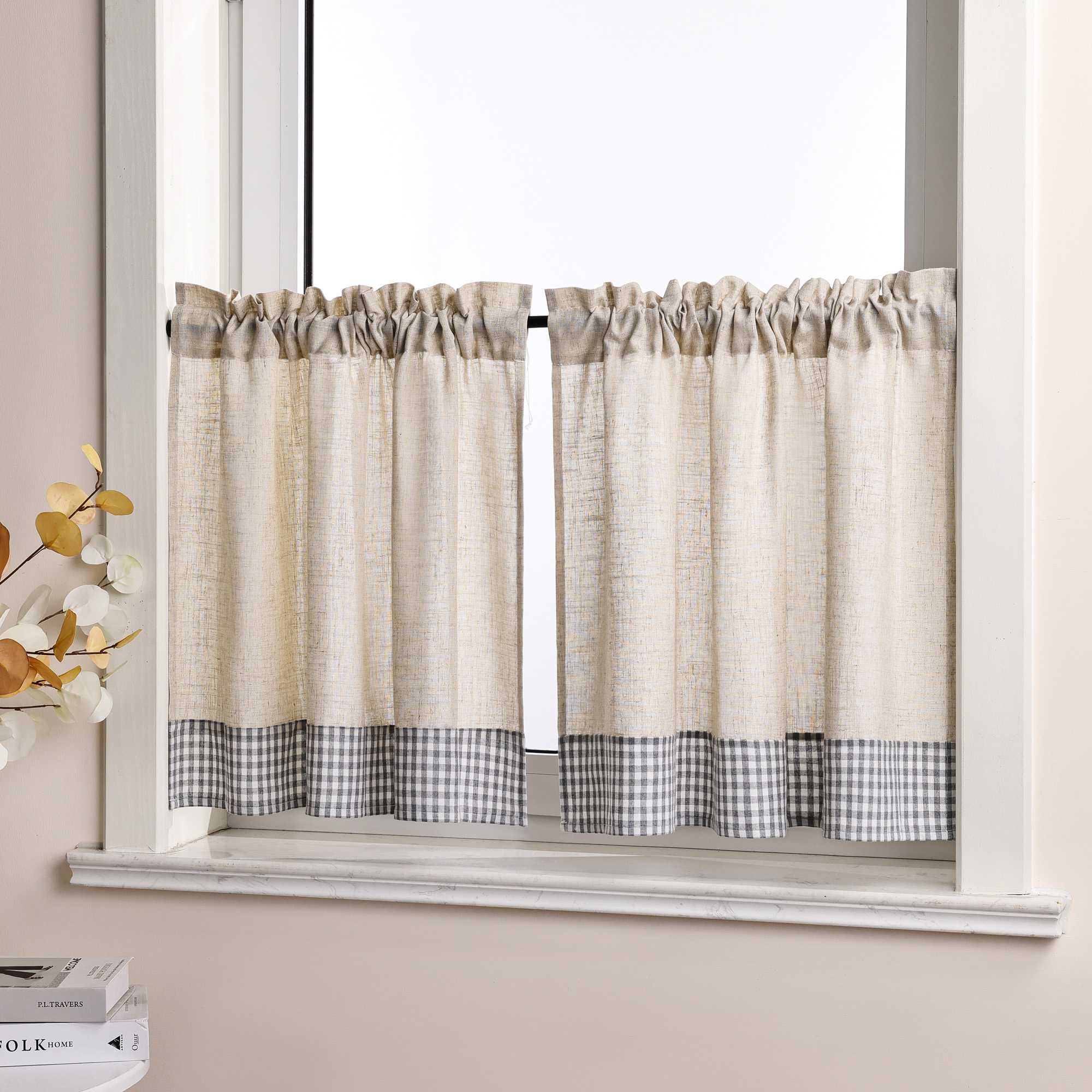 Cafe Curtain with Curtain Tape with Check Pattern in Linen-Look Fabric Set of 2 - Brown, H x W 90 x 90cm