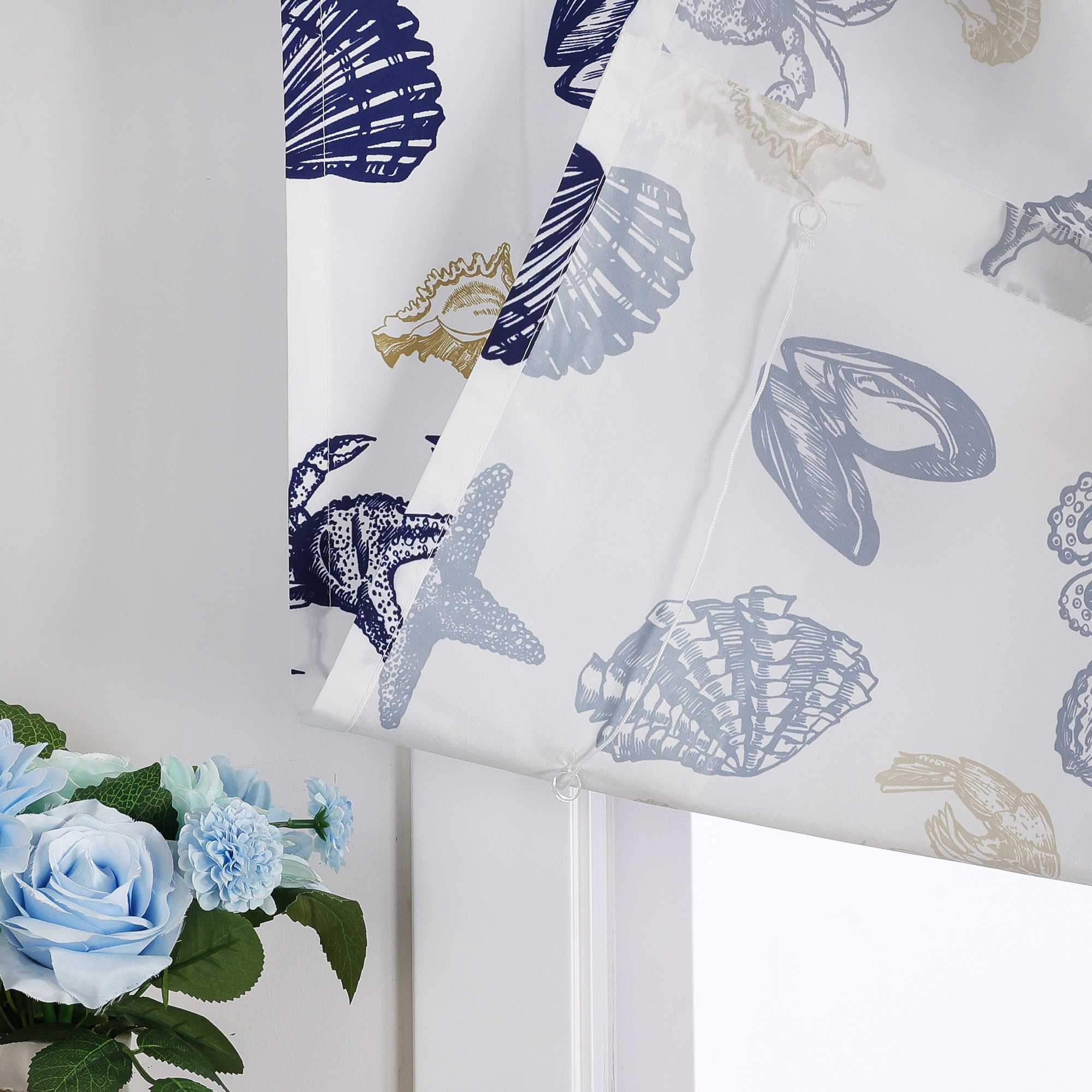 Roman Shade with U-Hooks with Sea-Life Pattern and Decorative Folds Semi-Sheer