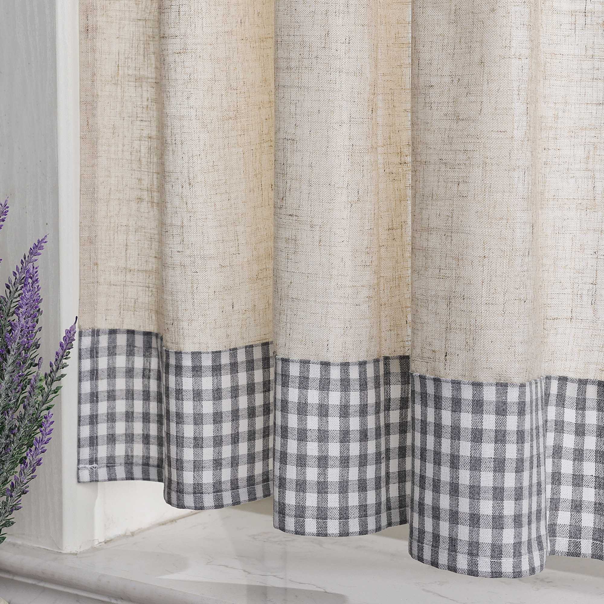 Cafe Curtain with Curtain Tape with Check Pattern in Linen-Look Fabric Set of 2 - Brown, H x W 90 x 110cm