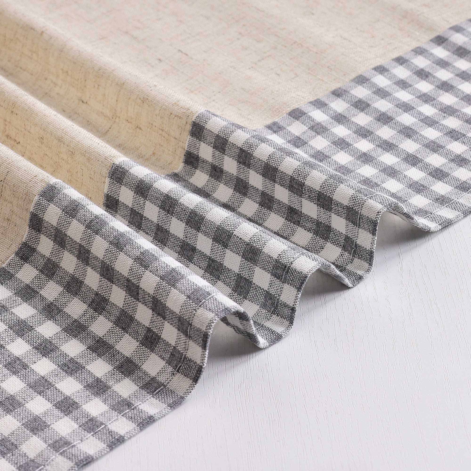 Cafe Curtain with Curtain Tape with Check Pattern in Linen-Look Fabric Set of 2 - Gray, H x W 90 x 110cm