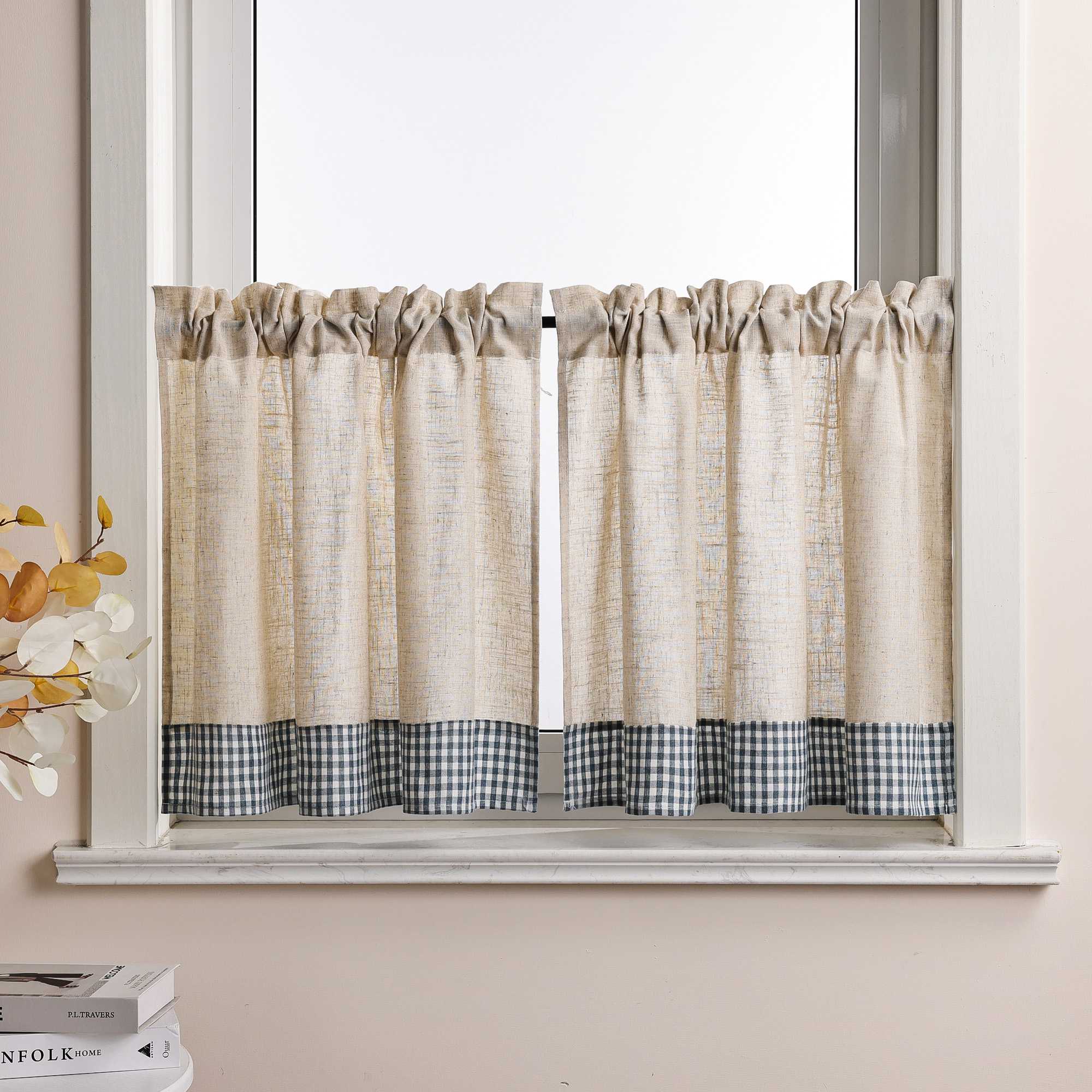 Cafe Curtain with Curtain Tape with Check Pattern in Linen-Look Fabric Set of 2