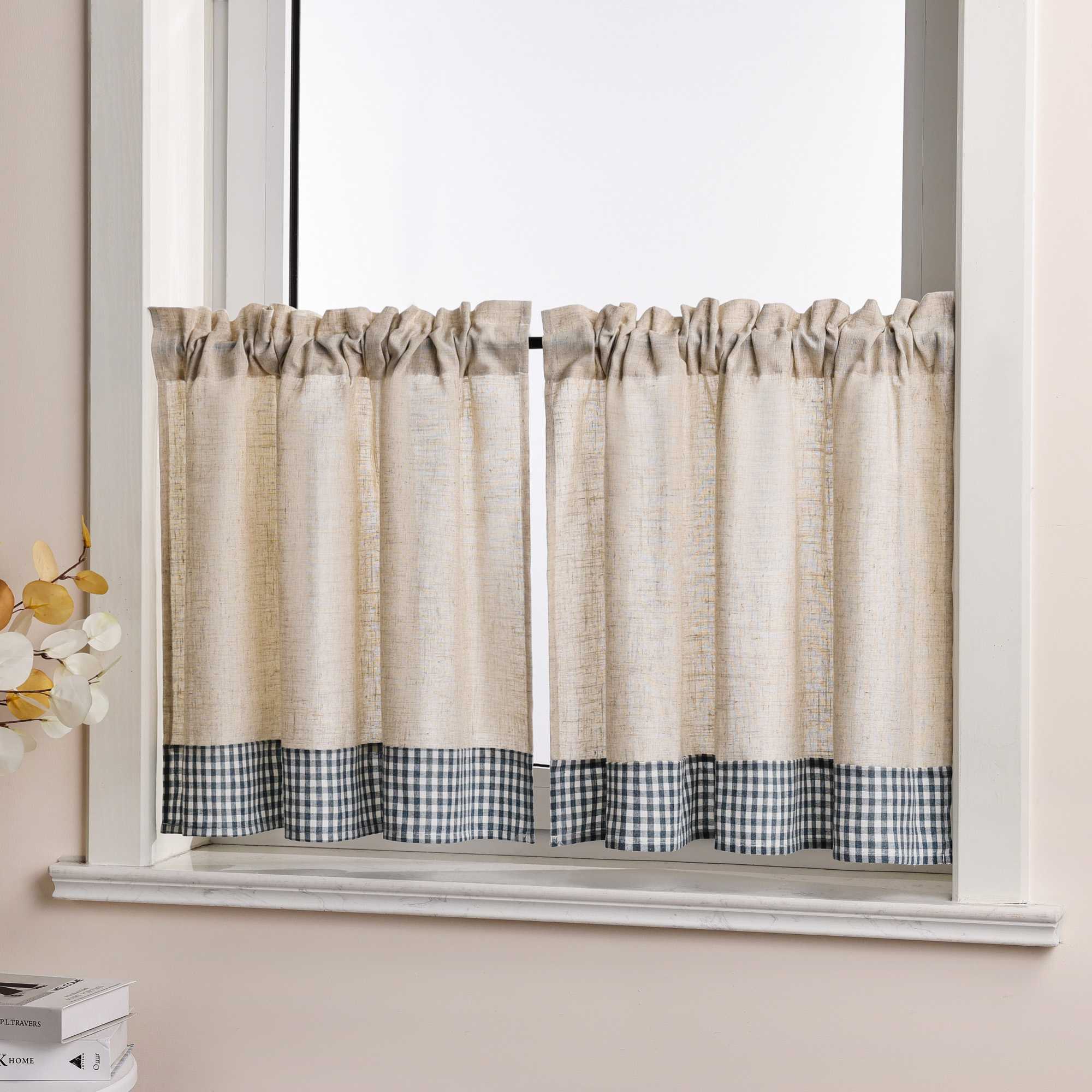 Cafe Curtain with Curtain Tape with Check Pattern in Linen-Look Fabric Set of 2