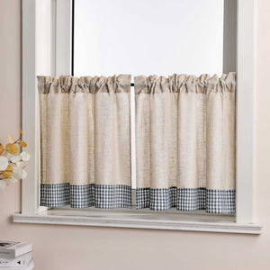 Cafe Curtain with Curtain Tape with Check Pattern in Linen-Look Fabric Set of 2