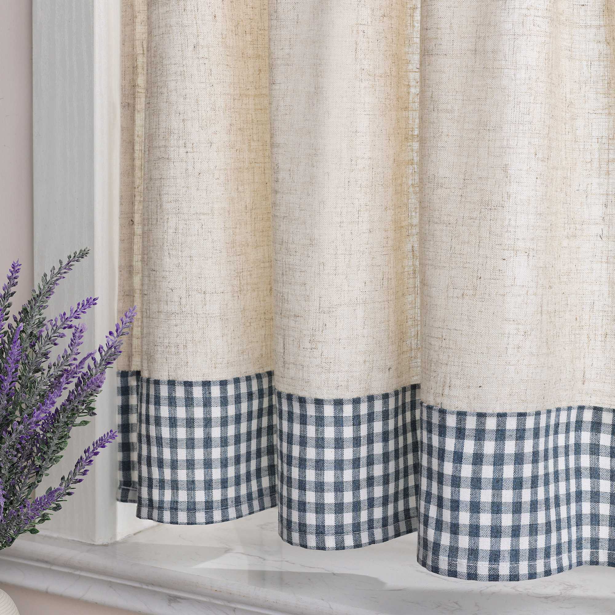 Cafe Curtain with Curtain Tape with Check Pattern in Linen-Look Fabric Set of 2