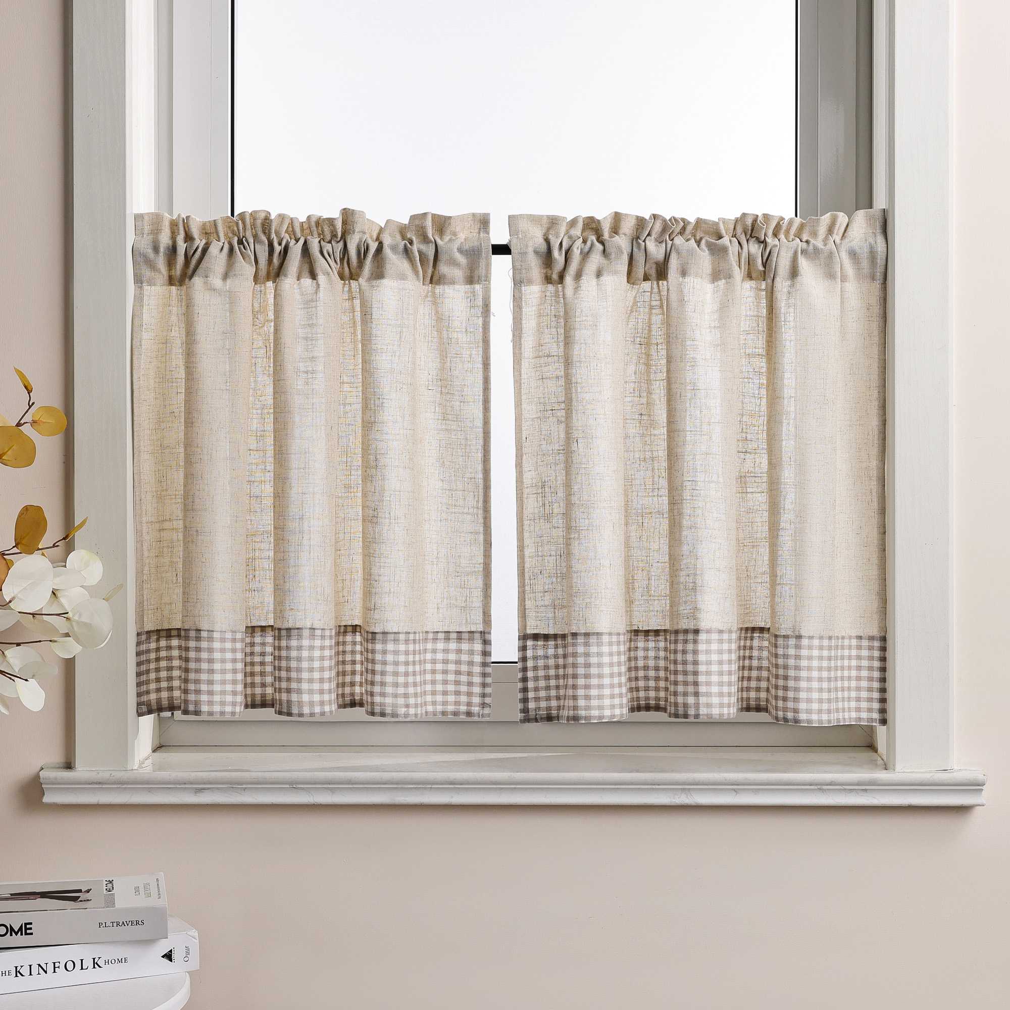 Cafe Curtain with Curtain Tape with Check Pattern in Linen-Look Fabric Set of 2 - Gray, H x W 120 x 125cm