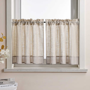 Cafe Curtain with Curtain Tape with Check Pattern in Linen-Look Fabric Set of 2 - Gray, H x W 120 x 125cm