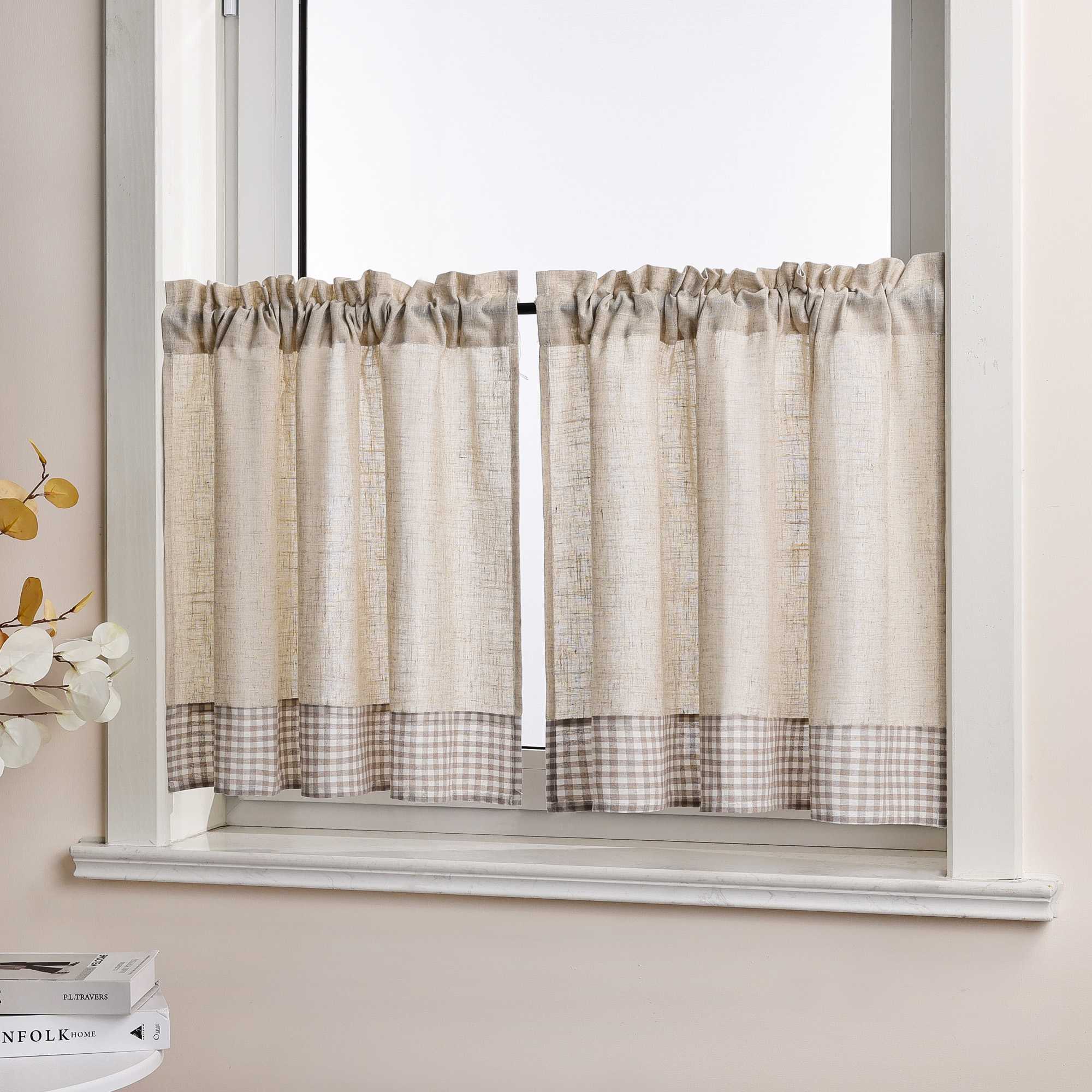 Cafe Curtain with Curtain Tape with Check Pattern in Linen-Look Fabric Set of 2 - Blue, H x W 90 x 60cm